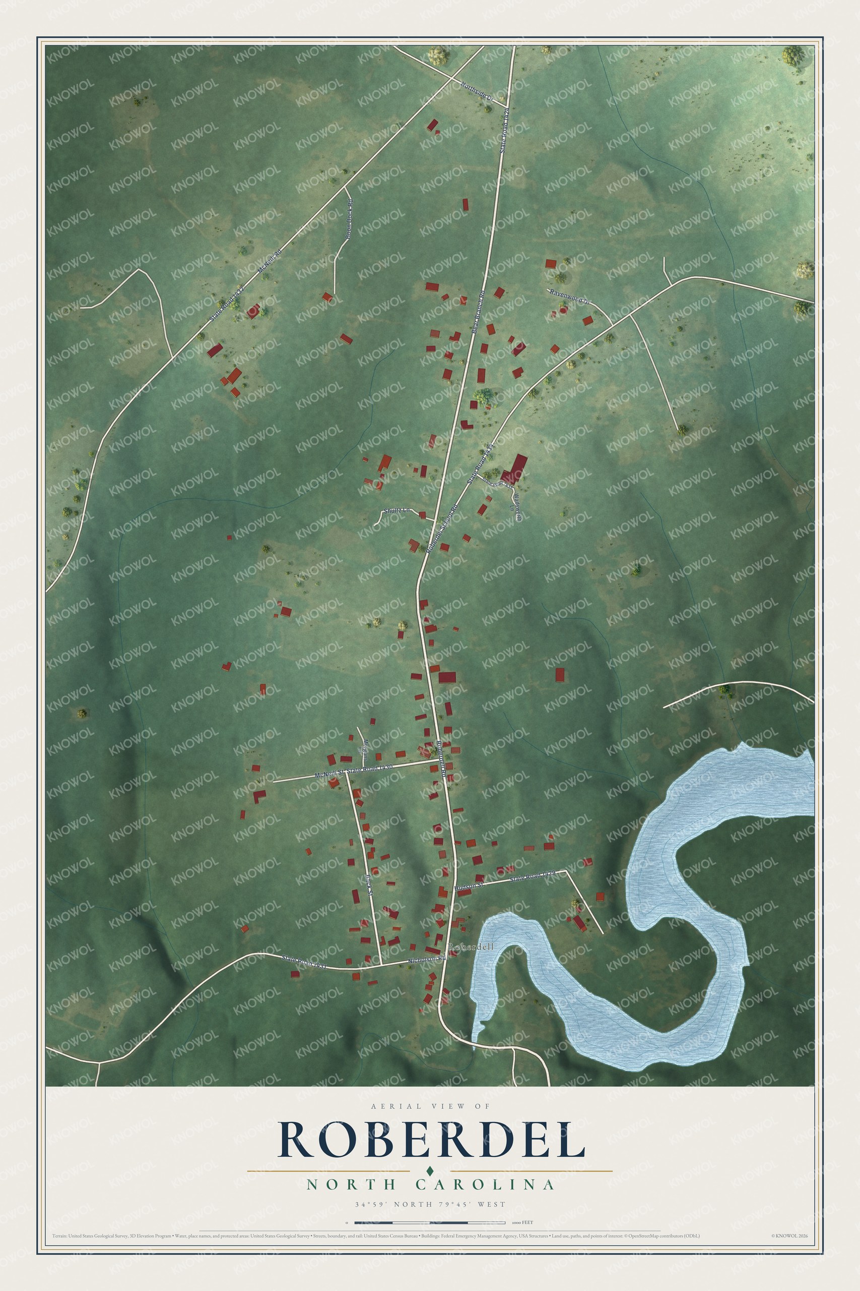 Full map of Roberdel, North Carolina, with red buildings, printed street names and the land around them