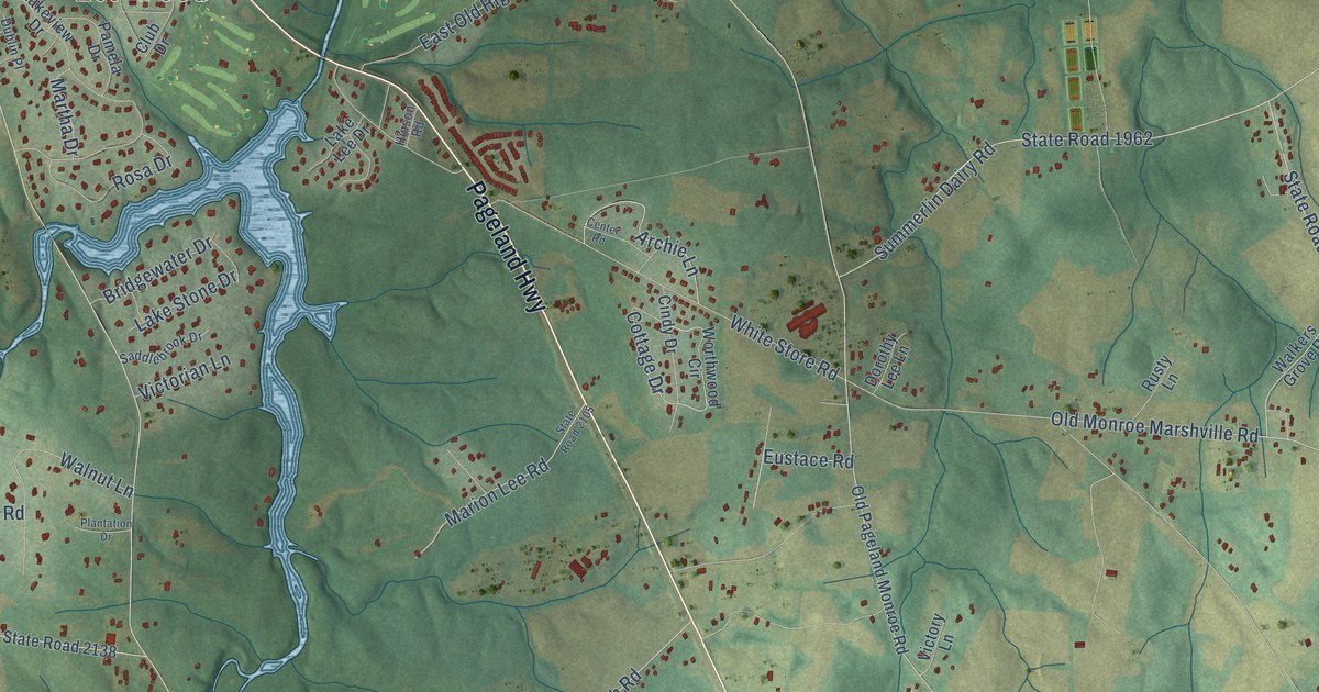 Close-up of streets and buildings in Rock Rest, North Carolina