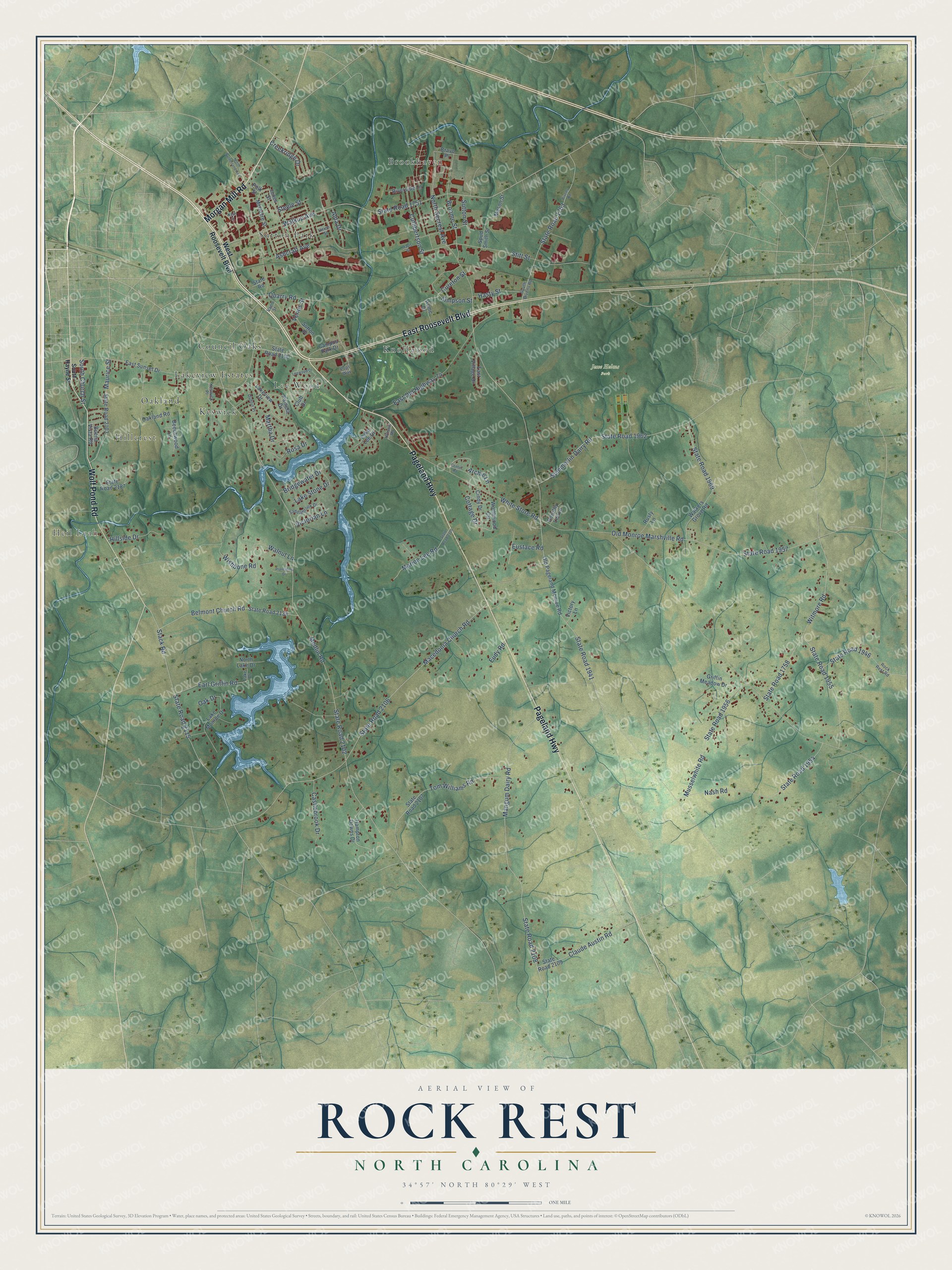 Full map of Rock Rest, North Carolina, with red buildings, printed street names and the land around them