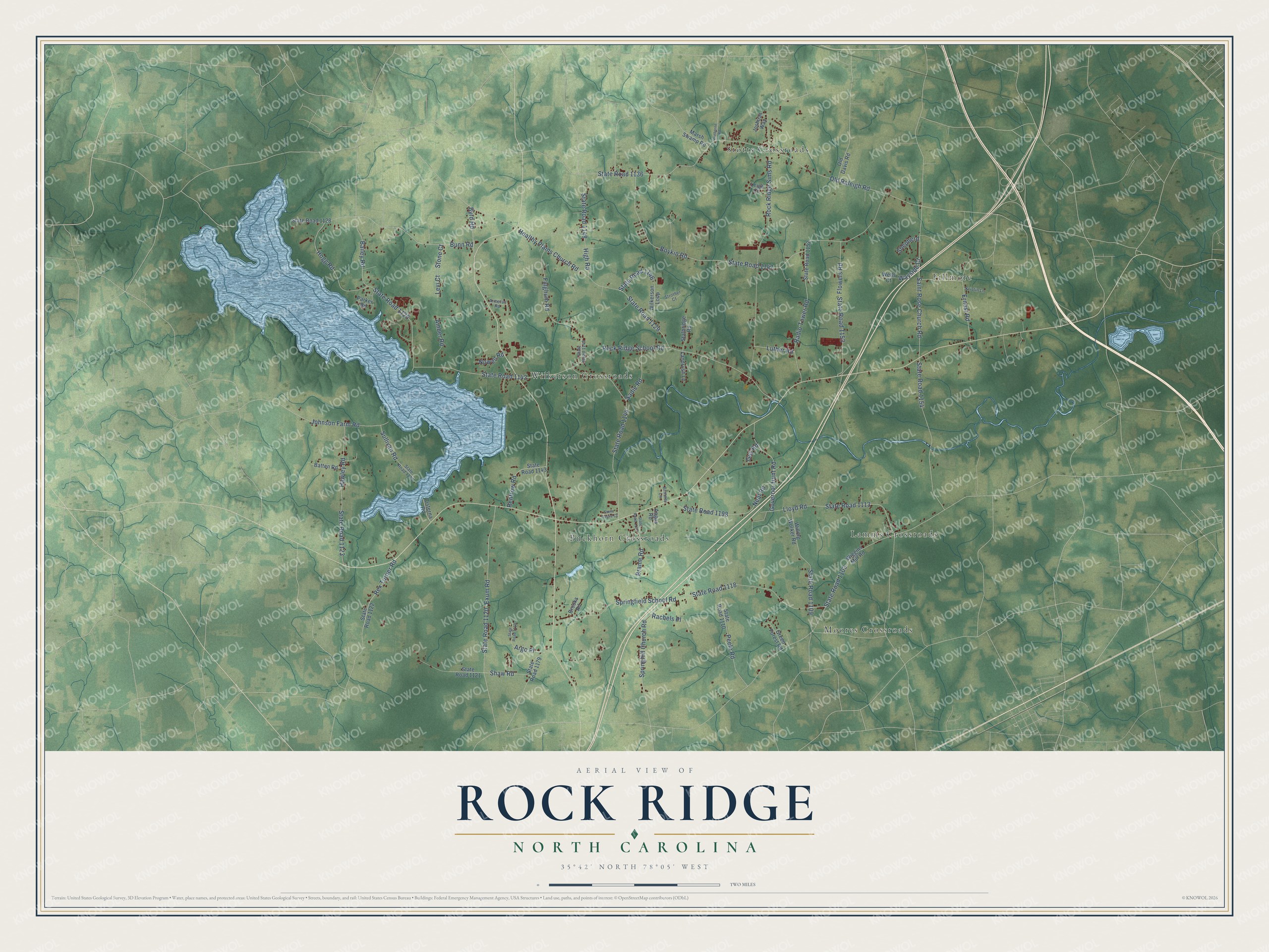 Full map of Rock Ridge, North Carolina, with red buildings, printed street names and the land around them