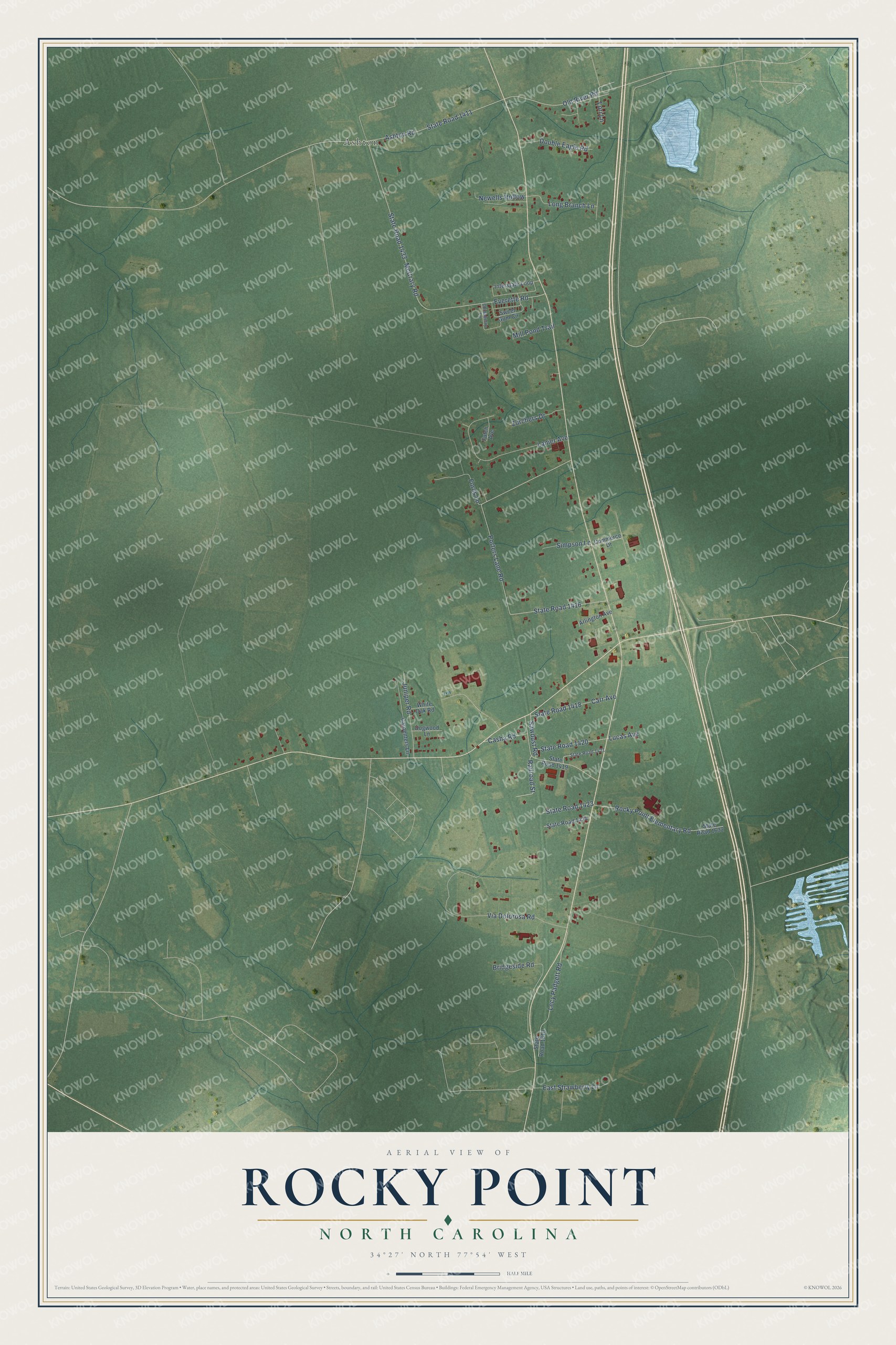 Full map of Rocky Point, North Carolina, with red buildings, printed street names and the land around them
