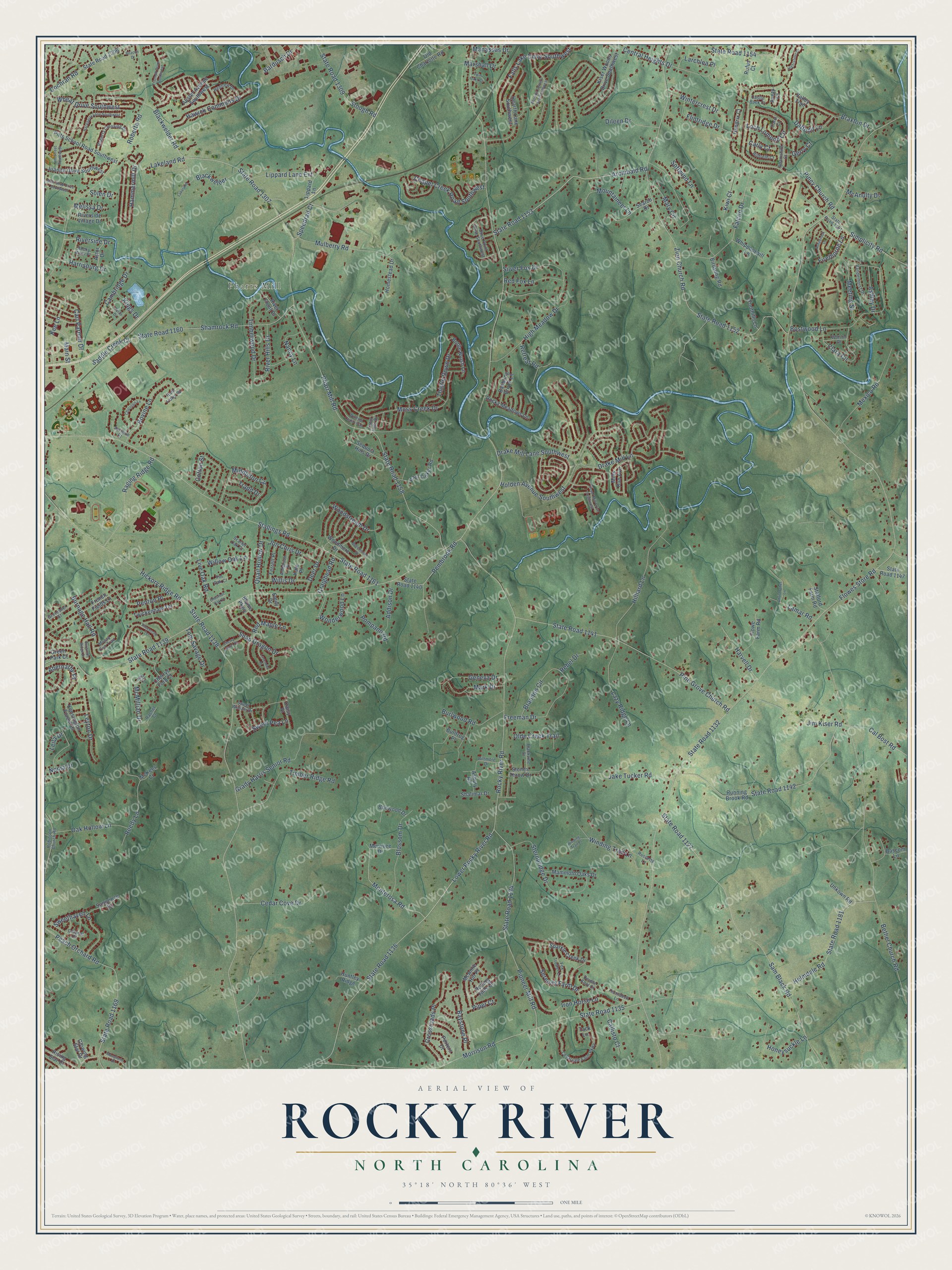 Full map of Rocky River, North Carolina, with red buildings, printed street names and the land around them