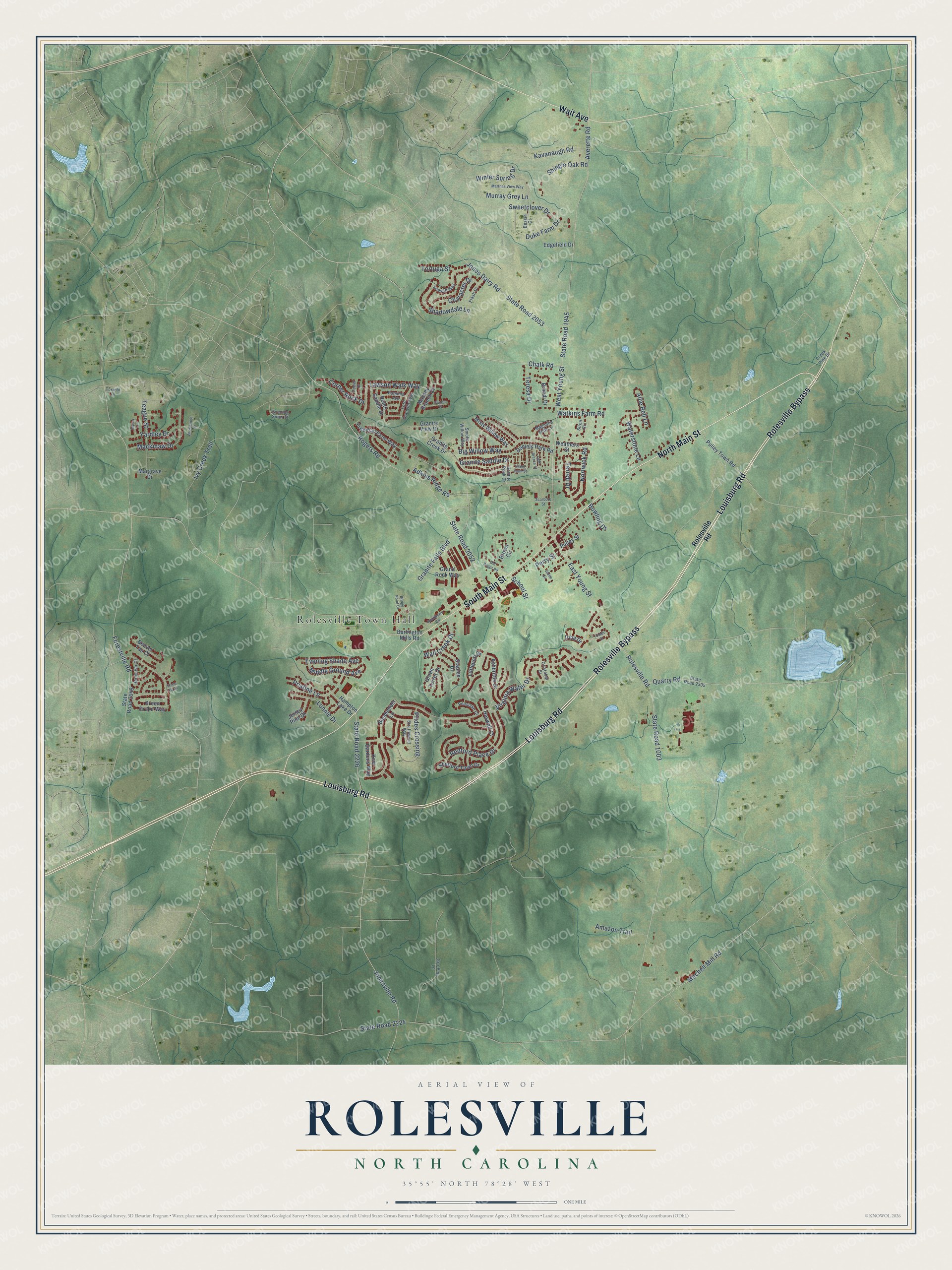 Full map of Rolesville, North Carolina, with red buildings, printed street names and the land around them