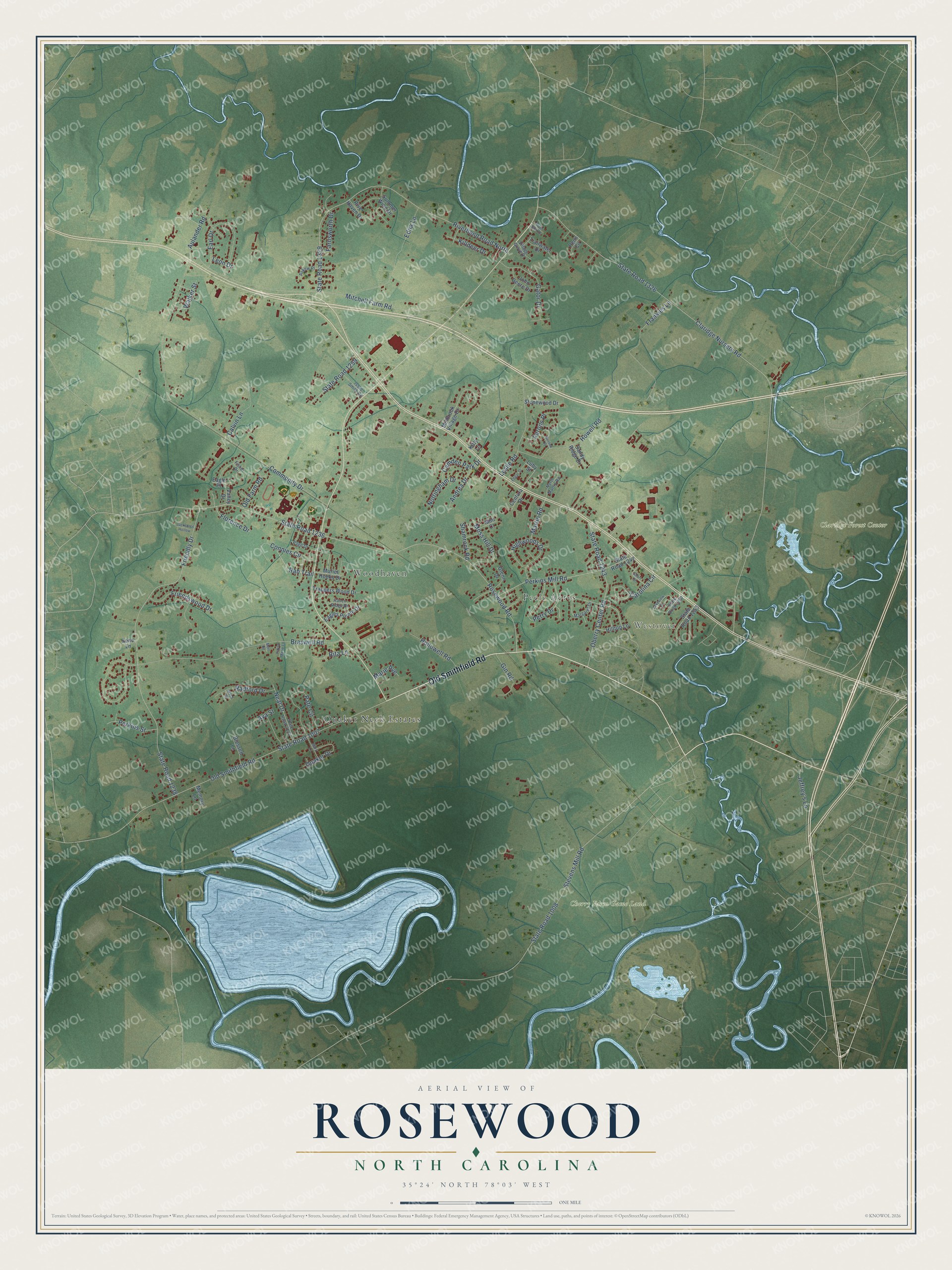 Full map of Rosewood, North Carolina, with red buildings, printed street names and the land around them