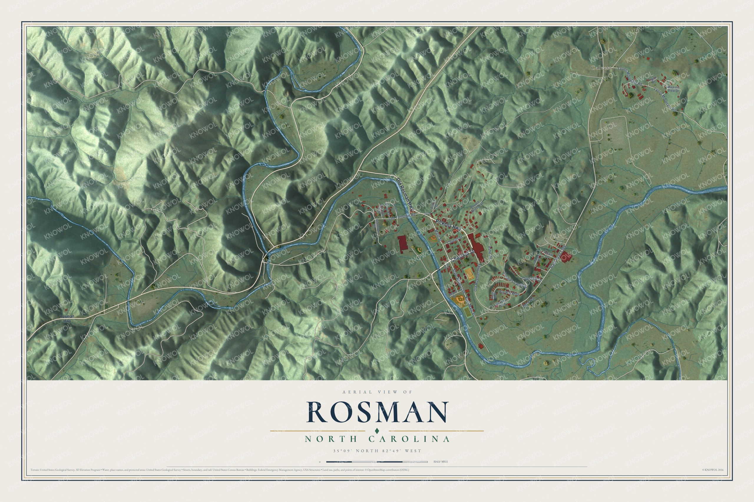 Full map of Rosman, North Carolina, with red buildings, printed street names and the land around them