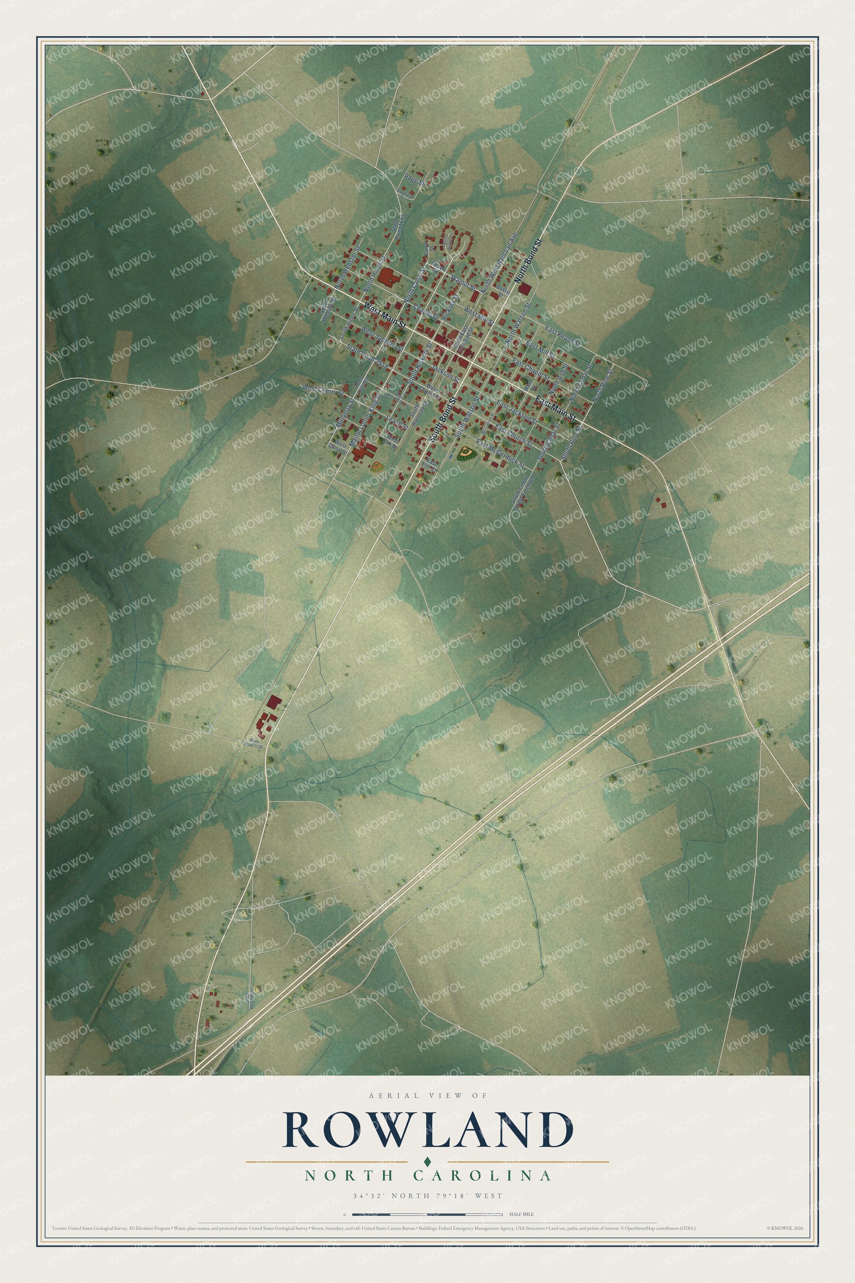 Full map of Rowland, North Carolina, with red buildings, printed street names and the land around them