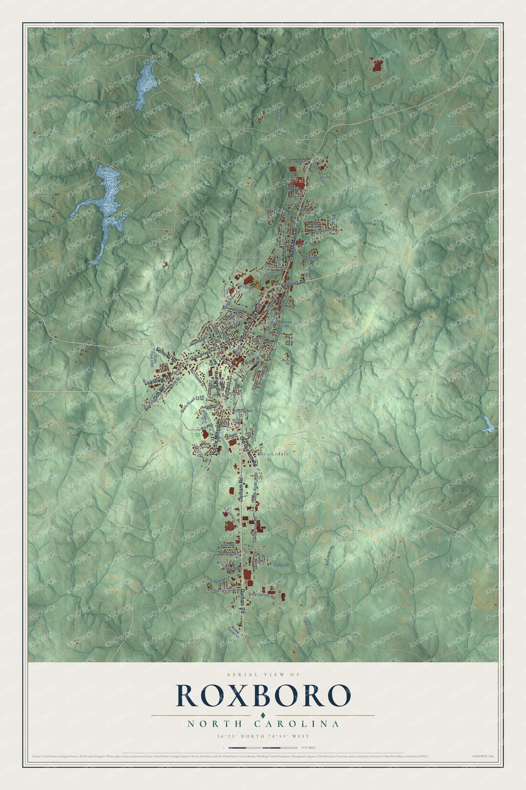Watermarked full-map preview of Roxboro, North Carolina
