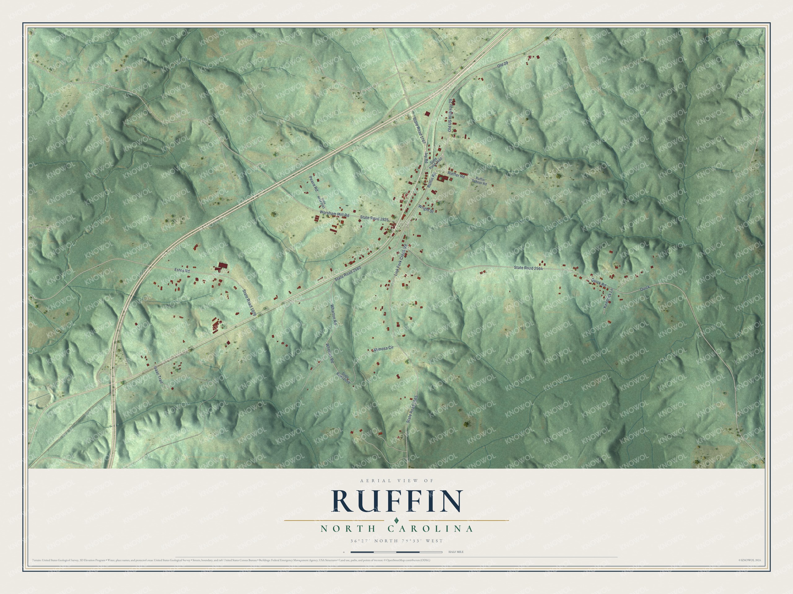 Full map of Ruffin, North Carolina, with red buildings, printed street names and the land around them