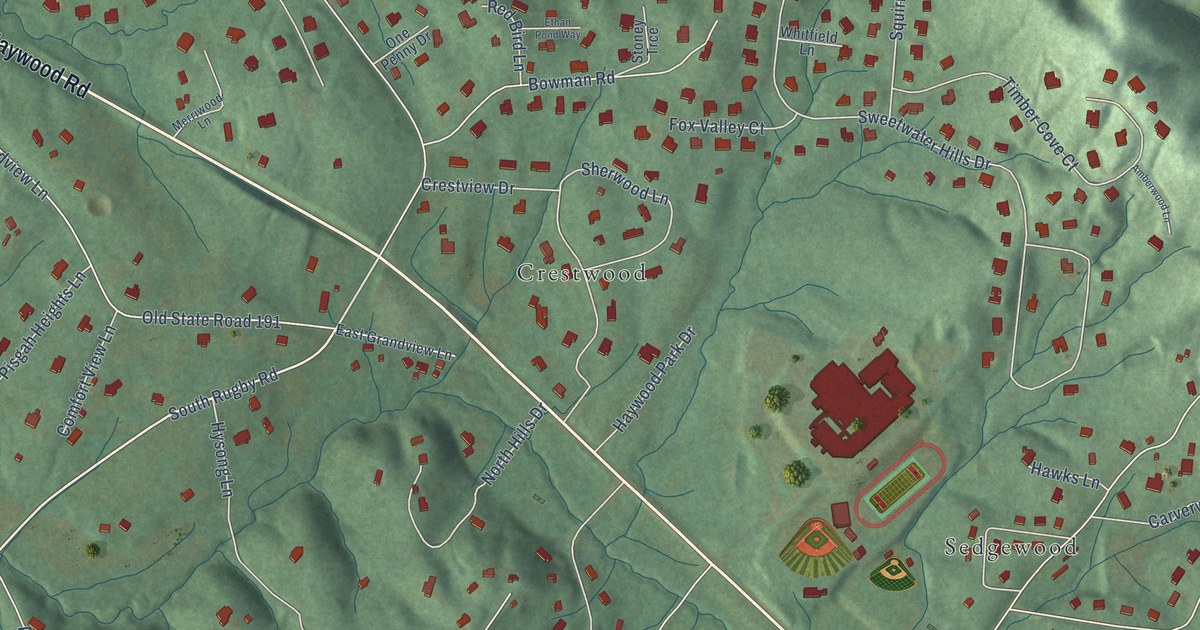 Close-up of streets and buildings in Rugby, North Carolina