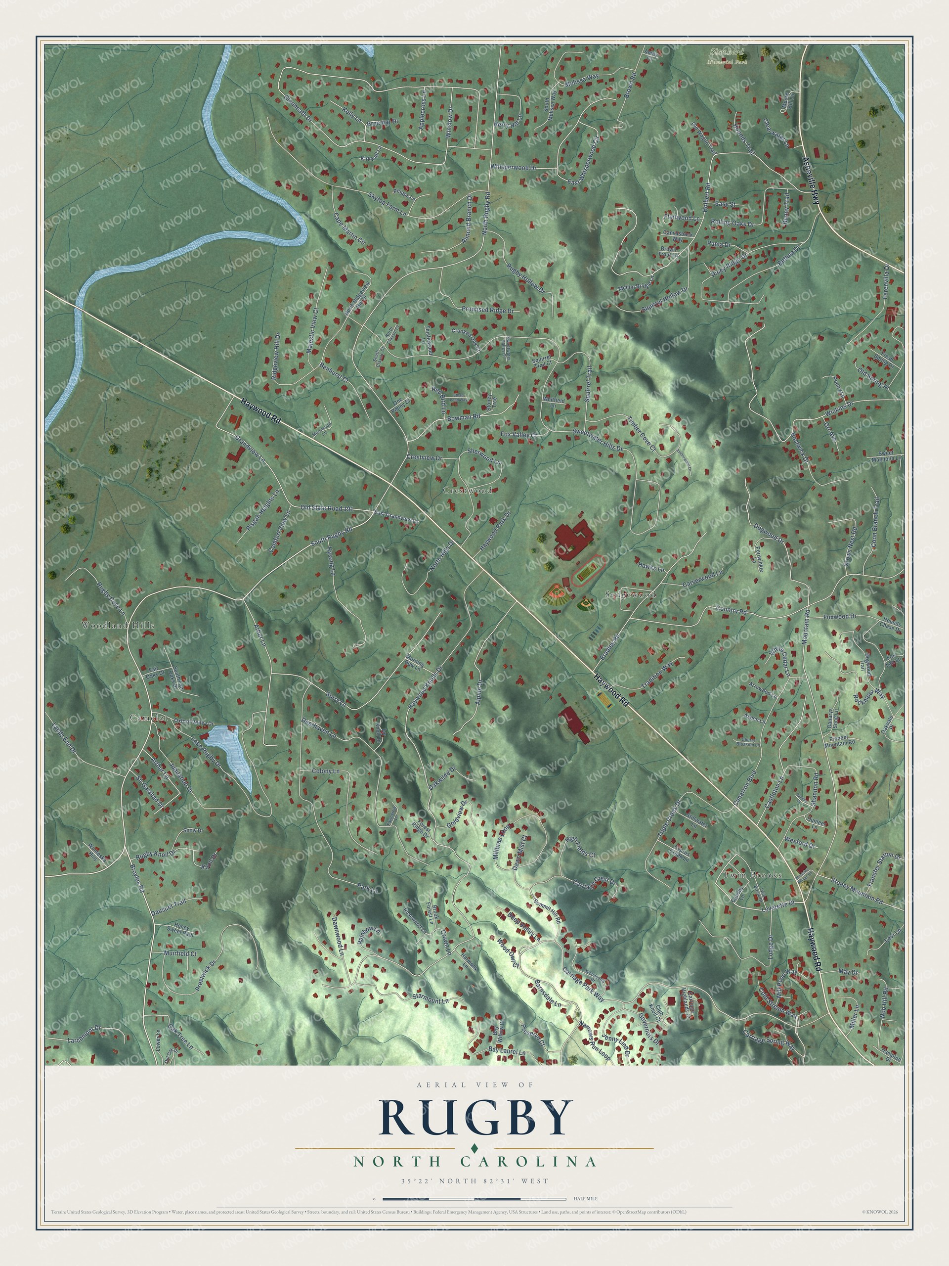 Full map of Rugby, North Carolina, with red buildings, printed street names and the land around them