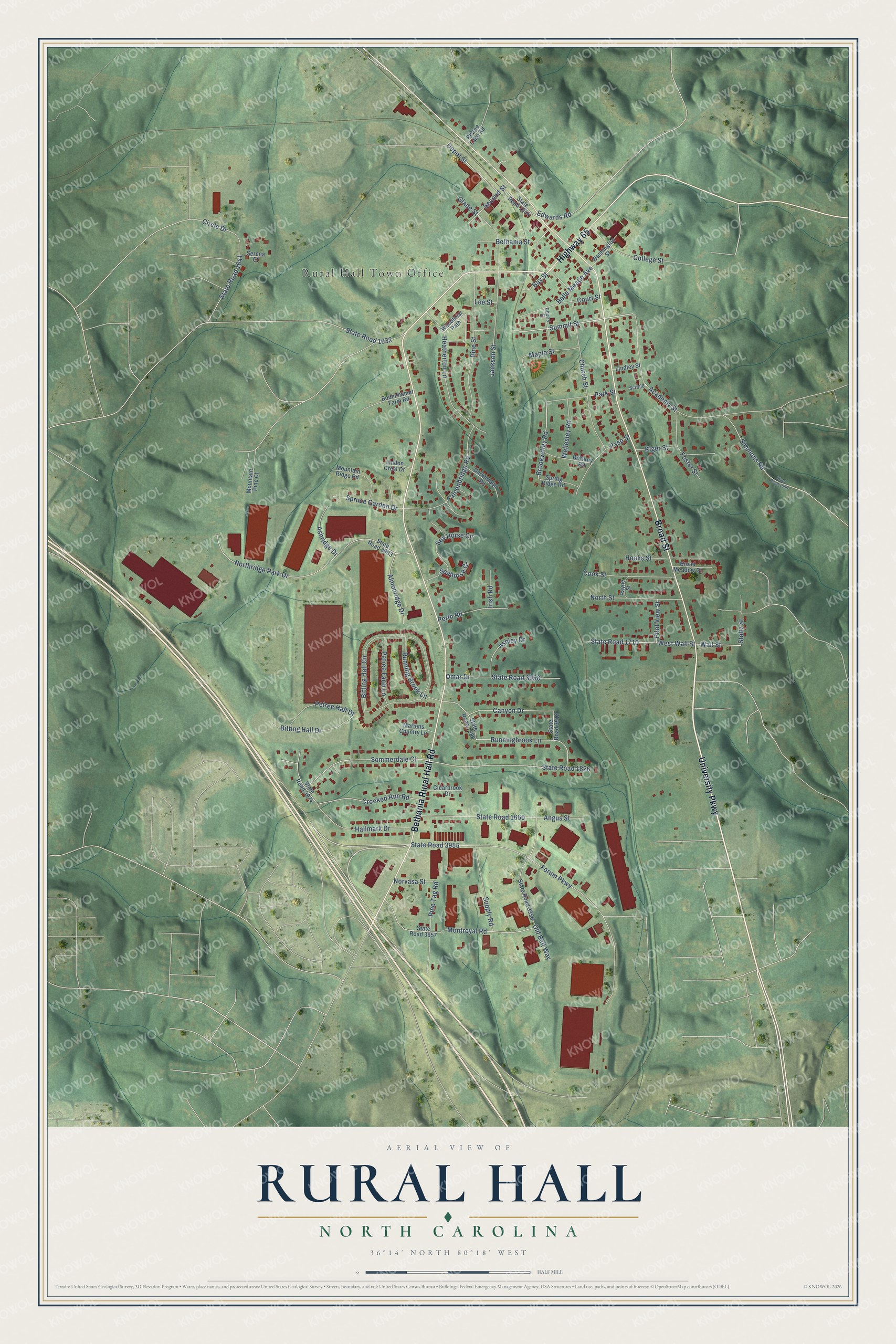 Full map of Rural Hall, North Carolina, with red buildings, printed street names and the land around them