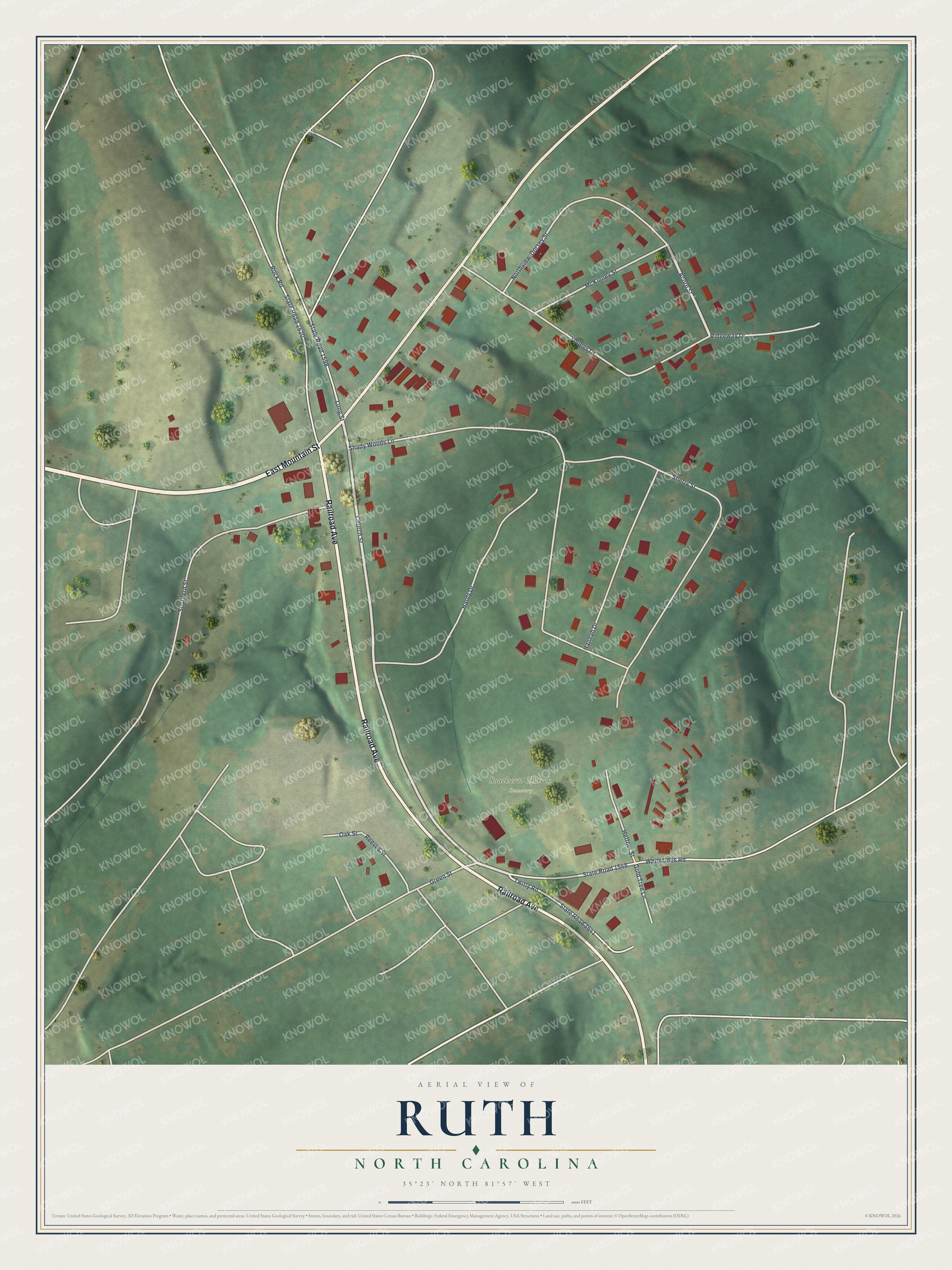 Full map of Ruth, North Carolina, with red buildings, printed street names and the land around them