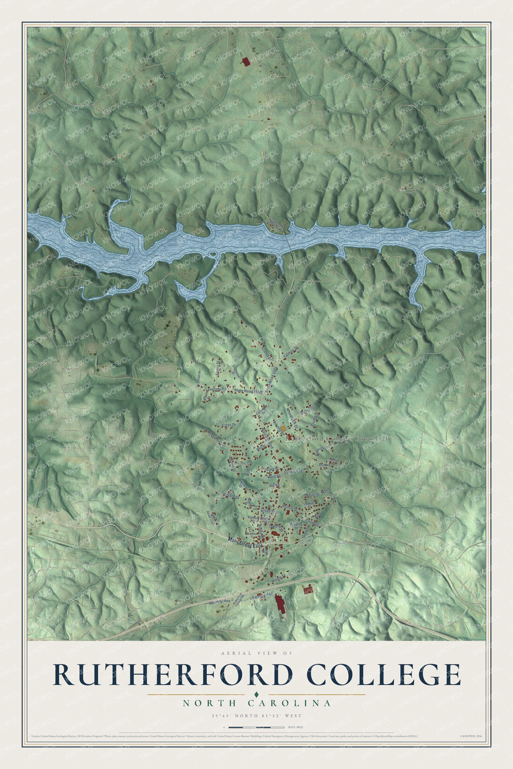 Watermarked full-map preview of Rutherford College, North Carolina