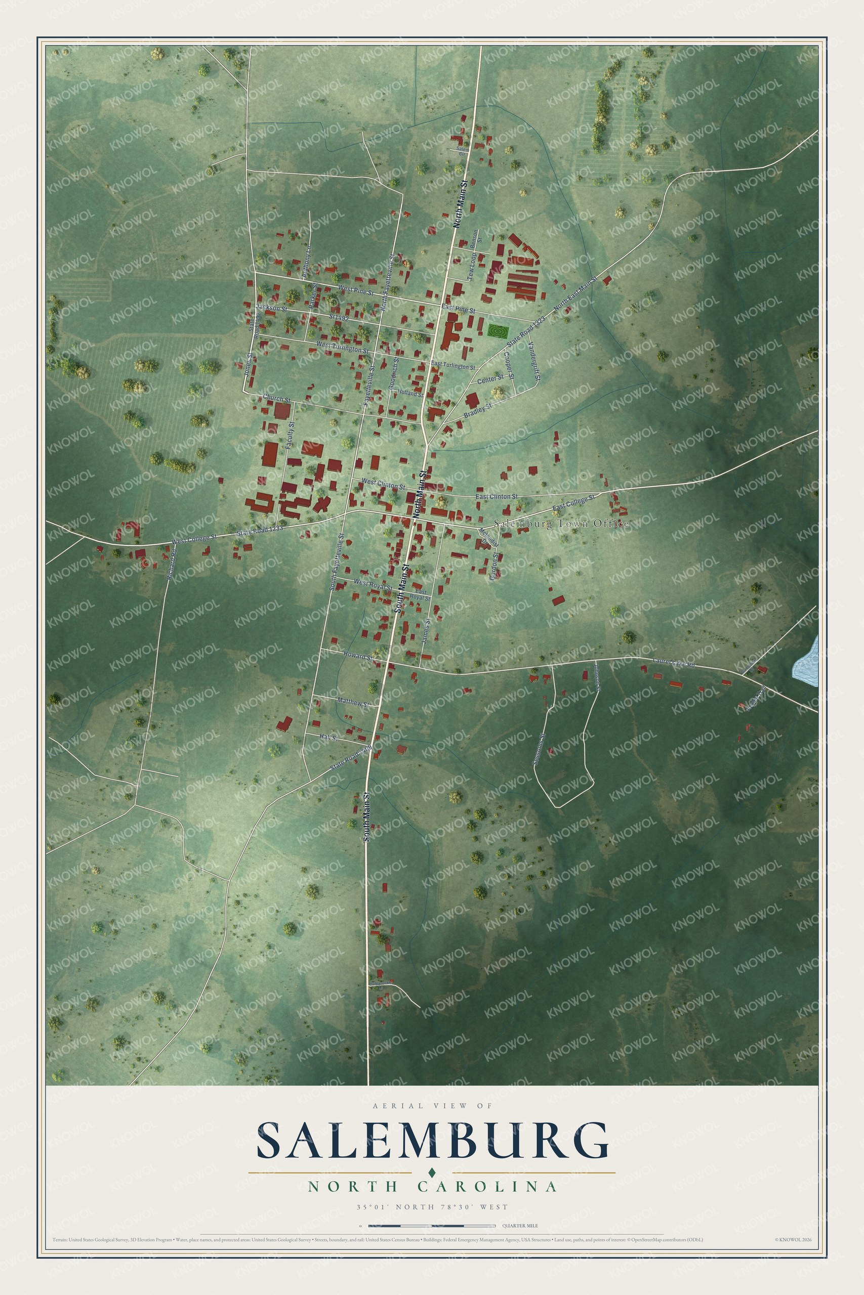 Full map of Salemburg, North Carolina, with red buildings, printed street names and the land around them