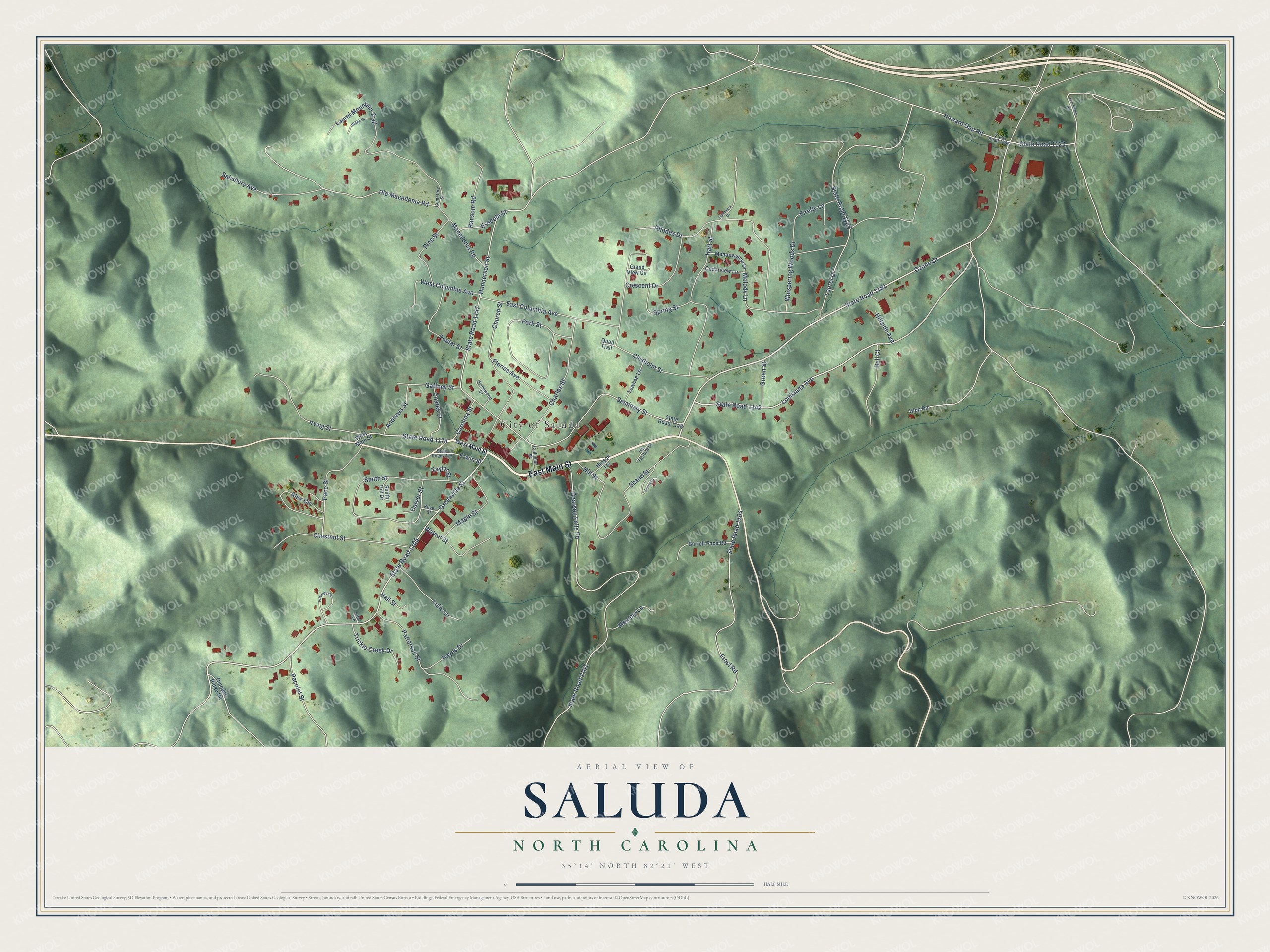 Full map of Saluda, North Carolina, with red buildings, printed street names and the land around them