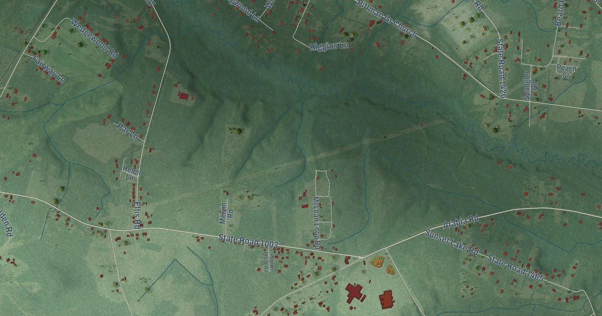 Close-up of streets and buildings in Sandy Grove, North Carolina