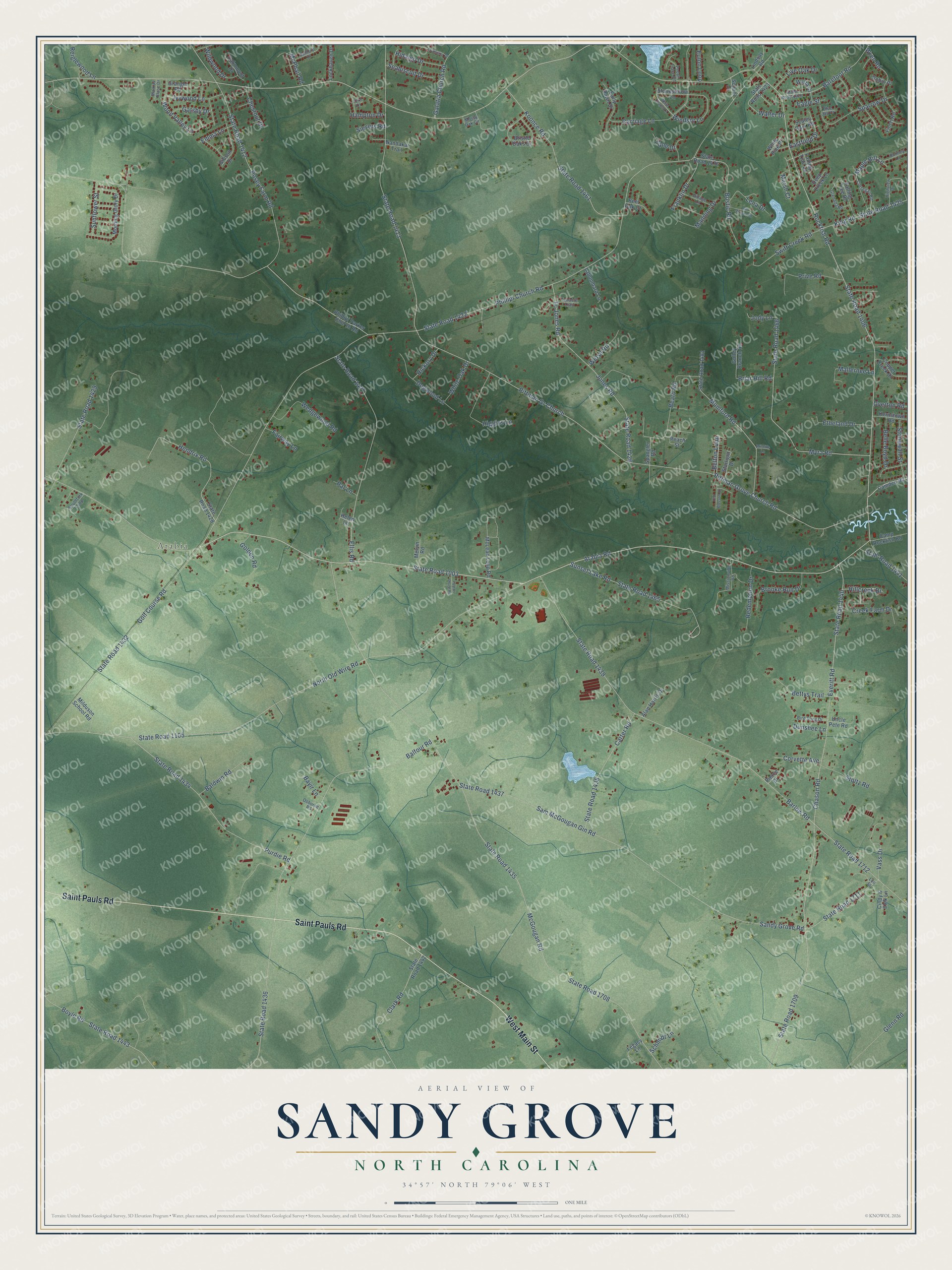 Full map of Sandy Grove, North Carolina, with red buildings, printed street names and the land around them