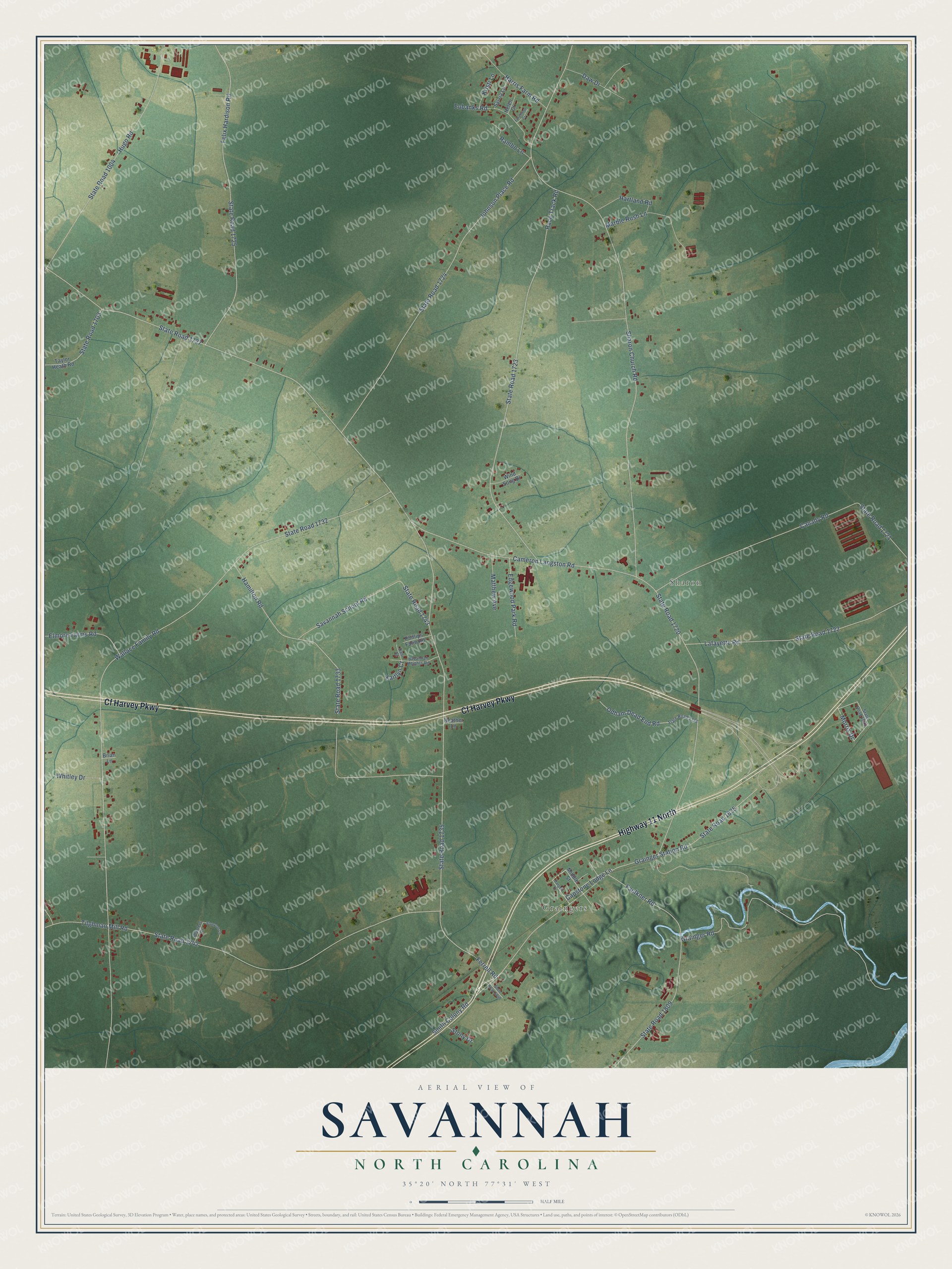 Full map of Savannah, North Carolina, with red buildings, printed street names and the land around them
