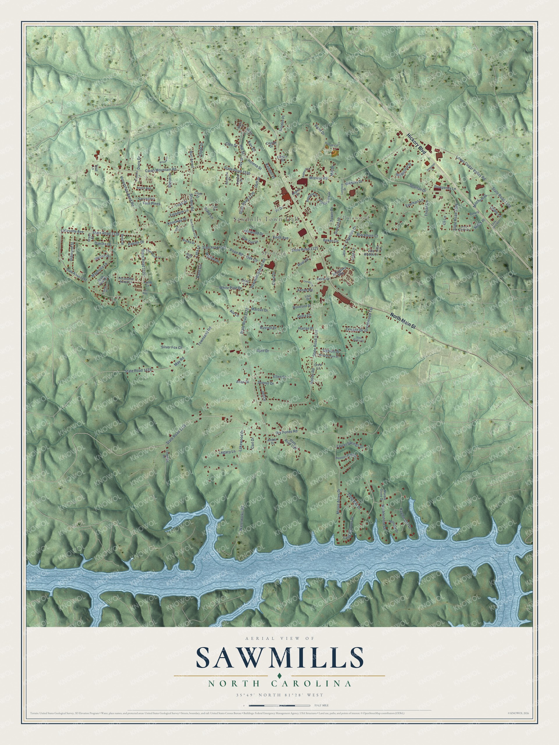 Watermarked full-map preview of Sawmills, North Carolina