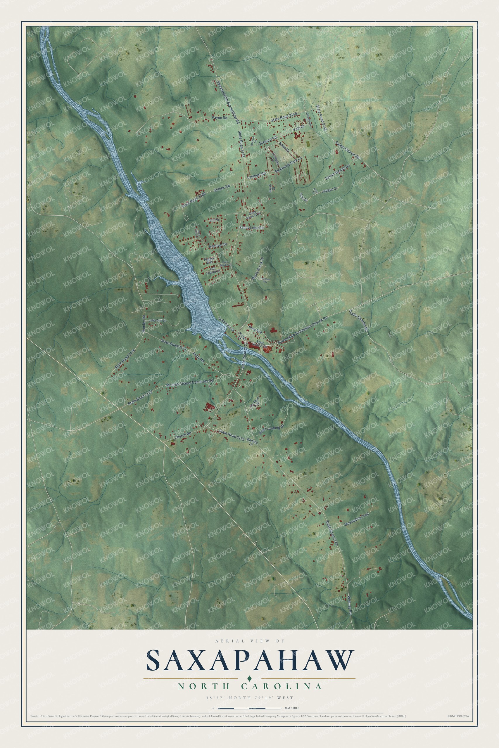Full map of Saxapahaw, North Carolina, with red buildings, printed street names and the land around them