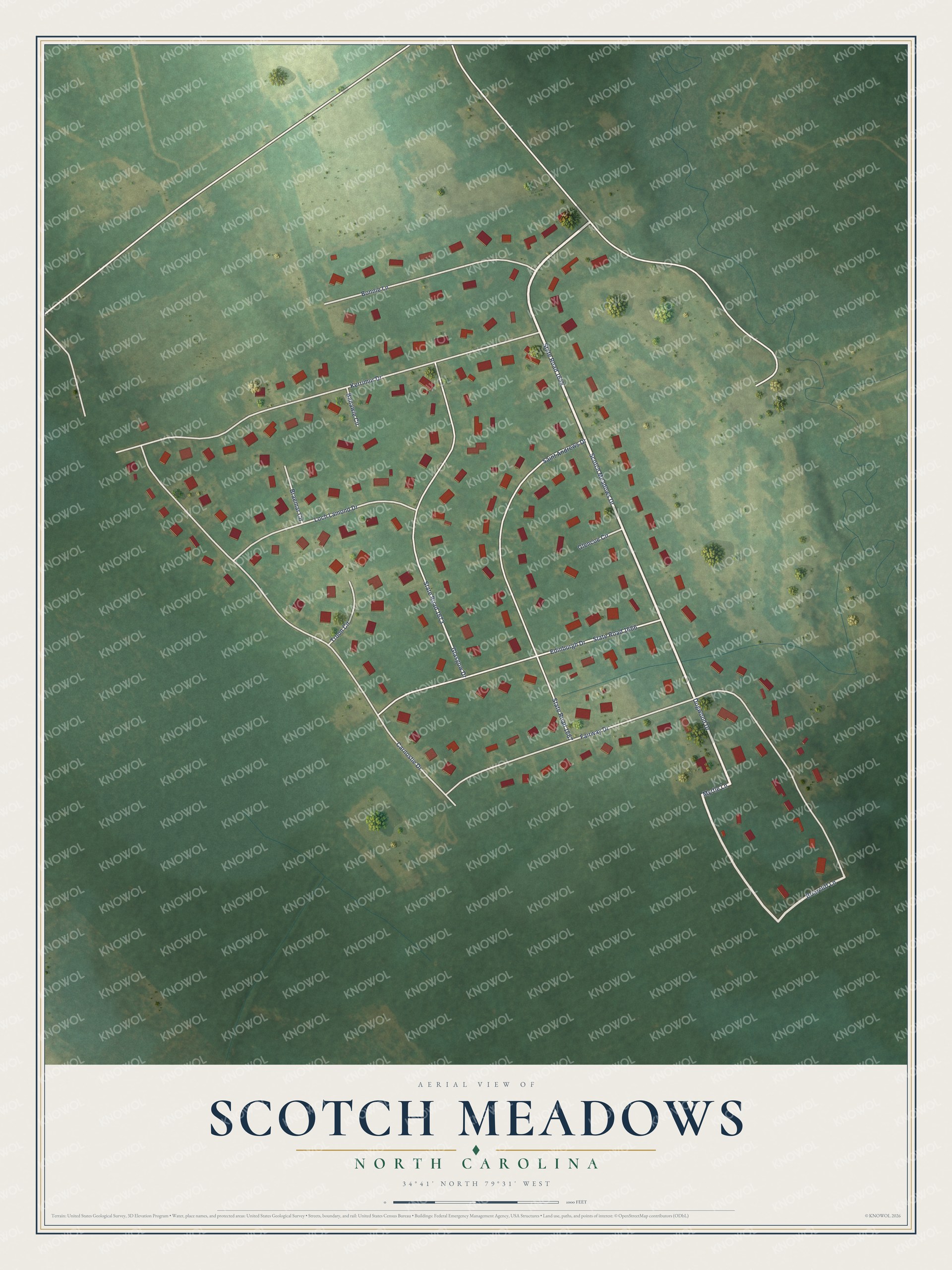 Full map of Scotch Meadows, North Carolina, with red buildings, printed street names and the land around them