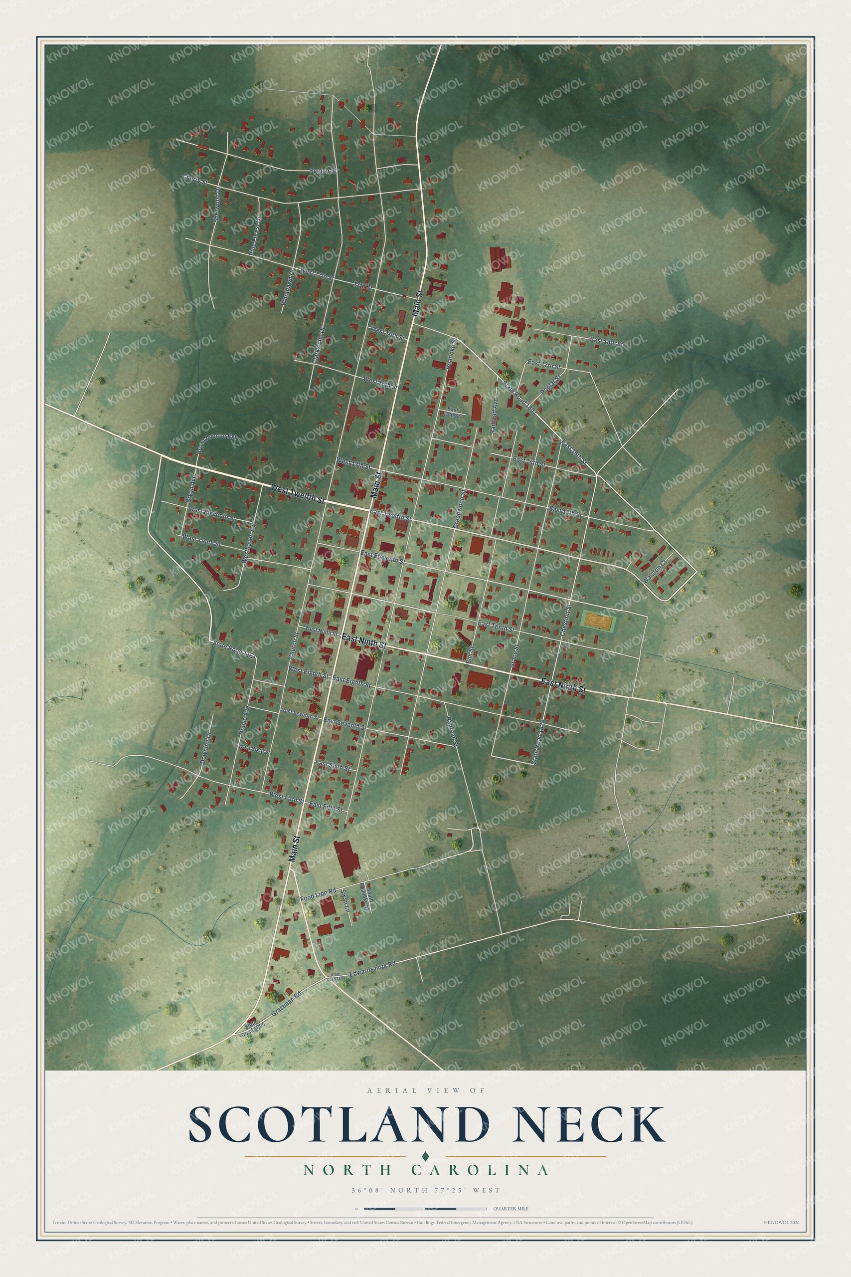 Full map of Scotland Neck, North Carolina, with red buildings, printed street names and the land around them