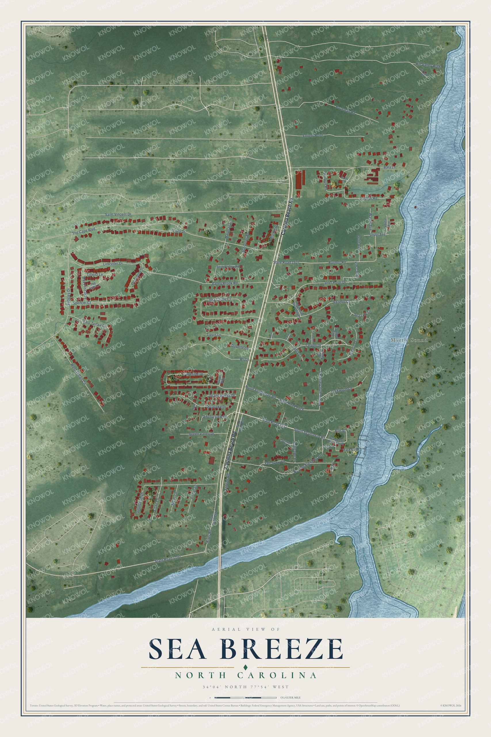 Full map of Sea Breeze, North Carolina, with red buildings, printed street names and the land around them