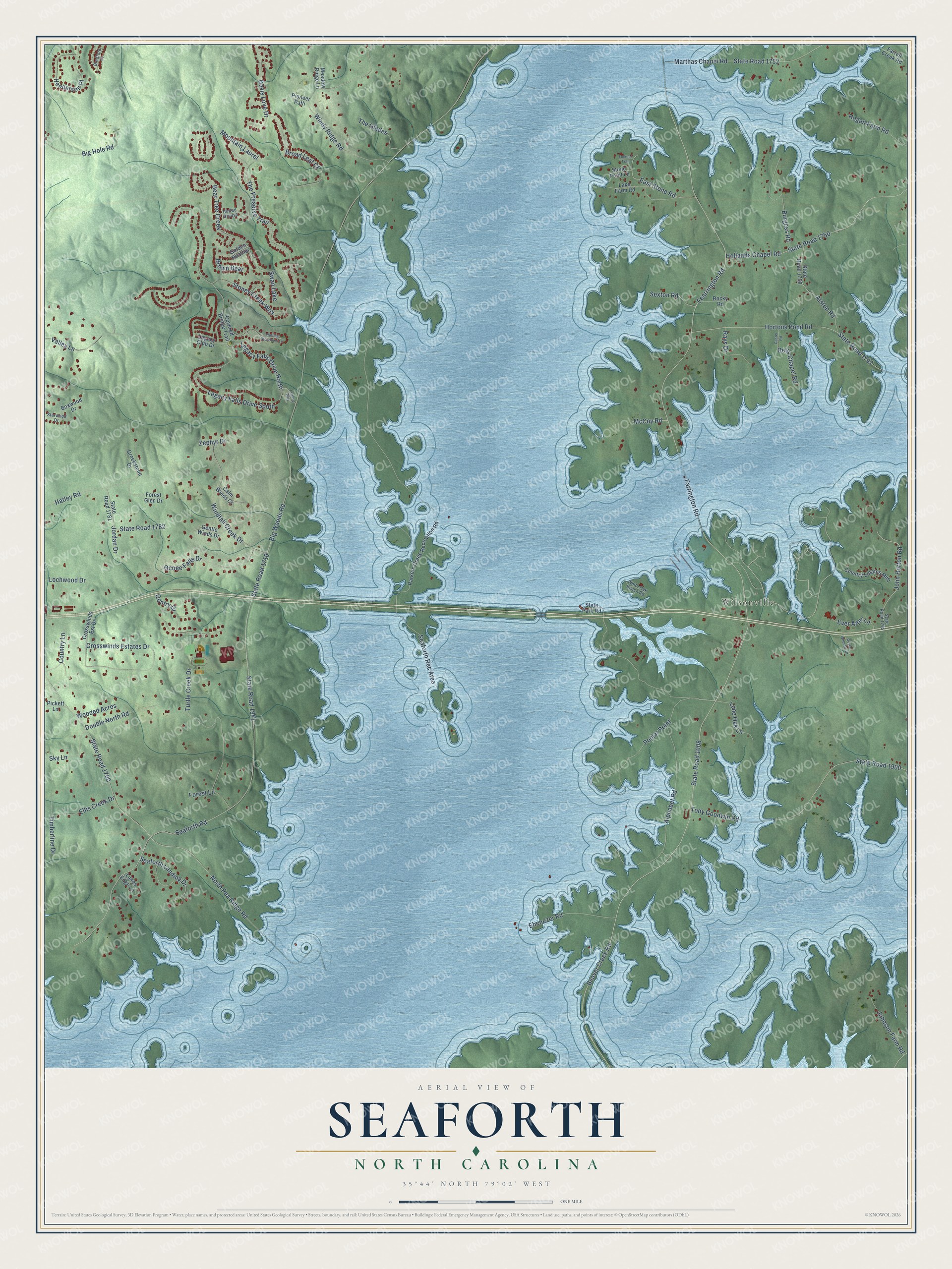 Full map of Seaforth, North Carolina, with red buildings, printed street names and the land around them