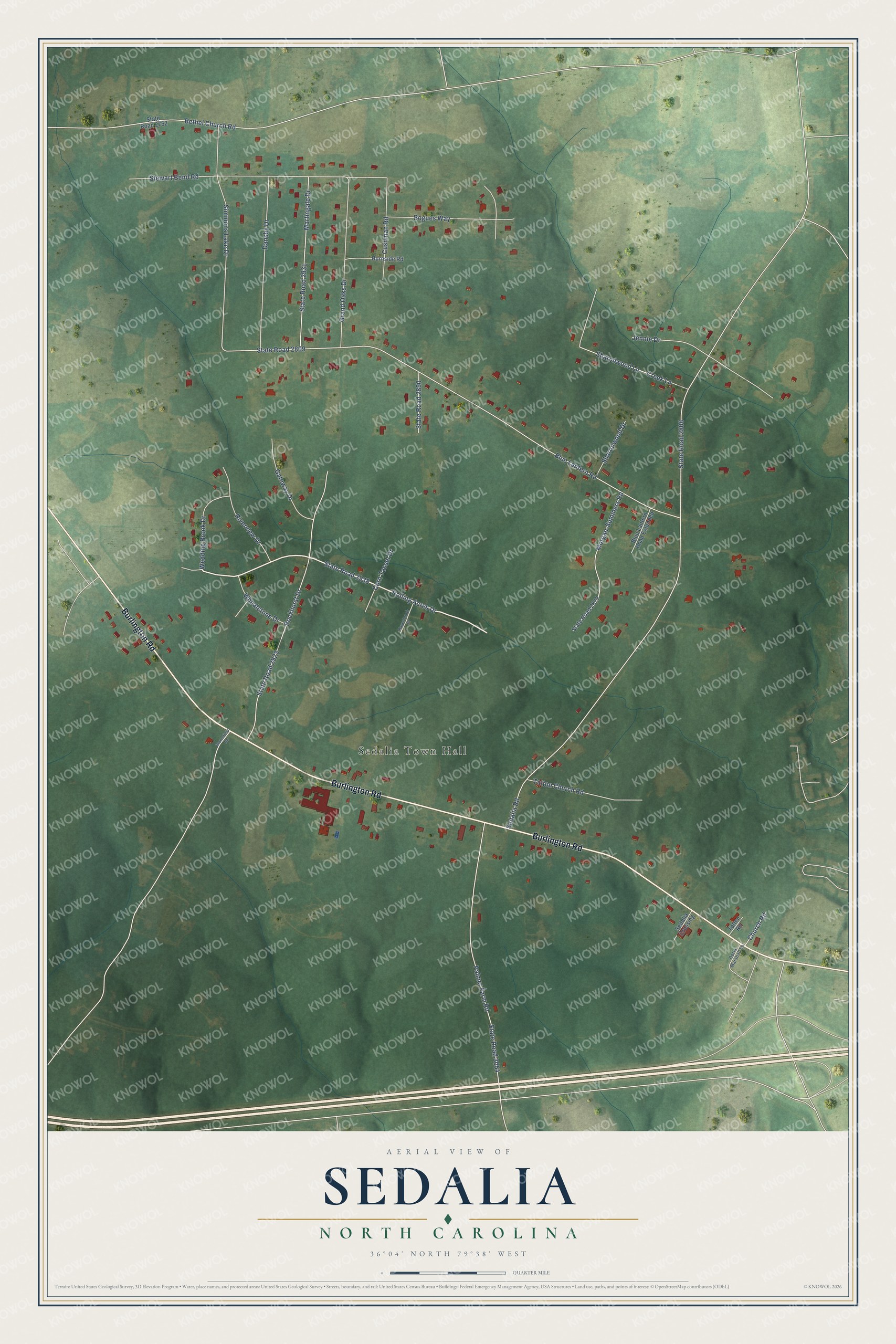 Full map of Sedalia, North Carolina, with red buildings, printed street names and the land around them