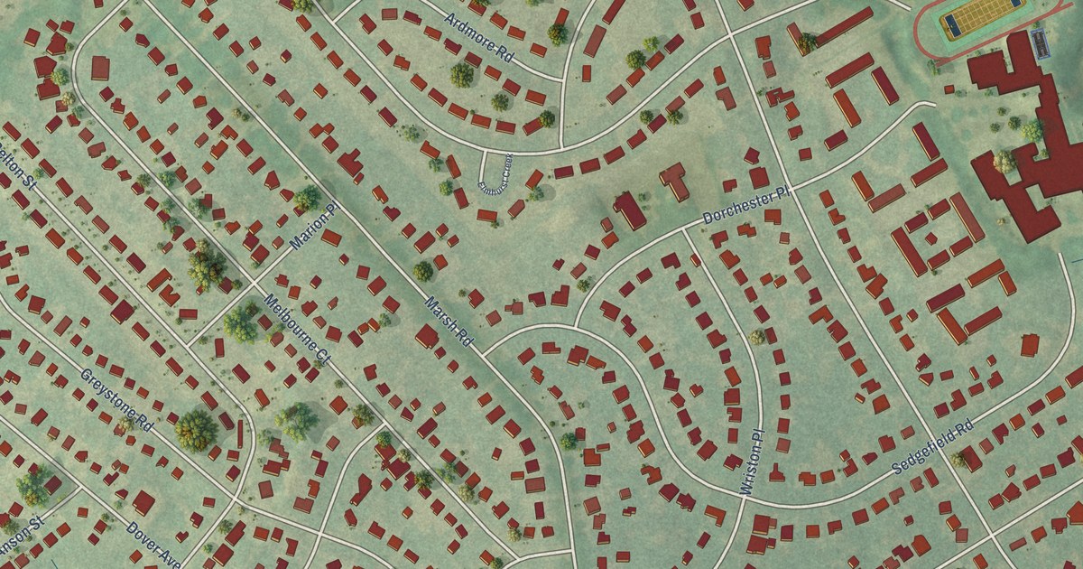 Close-up of streets and buildings in Sedgefield, North Carolina