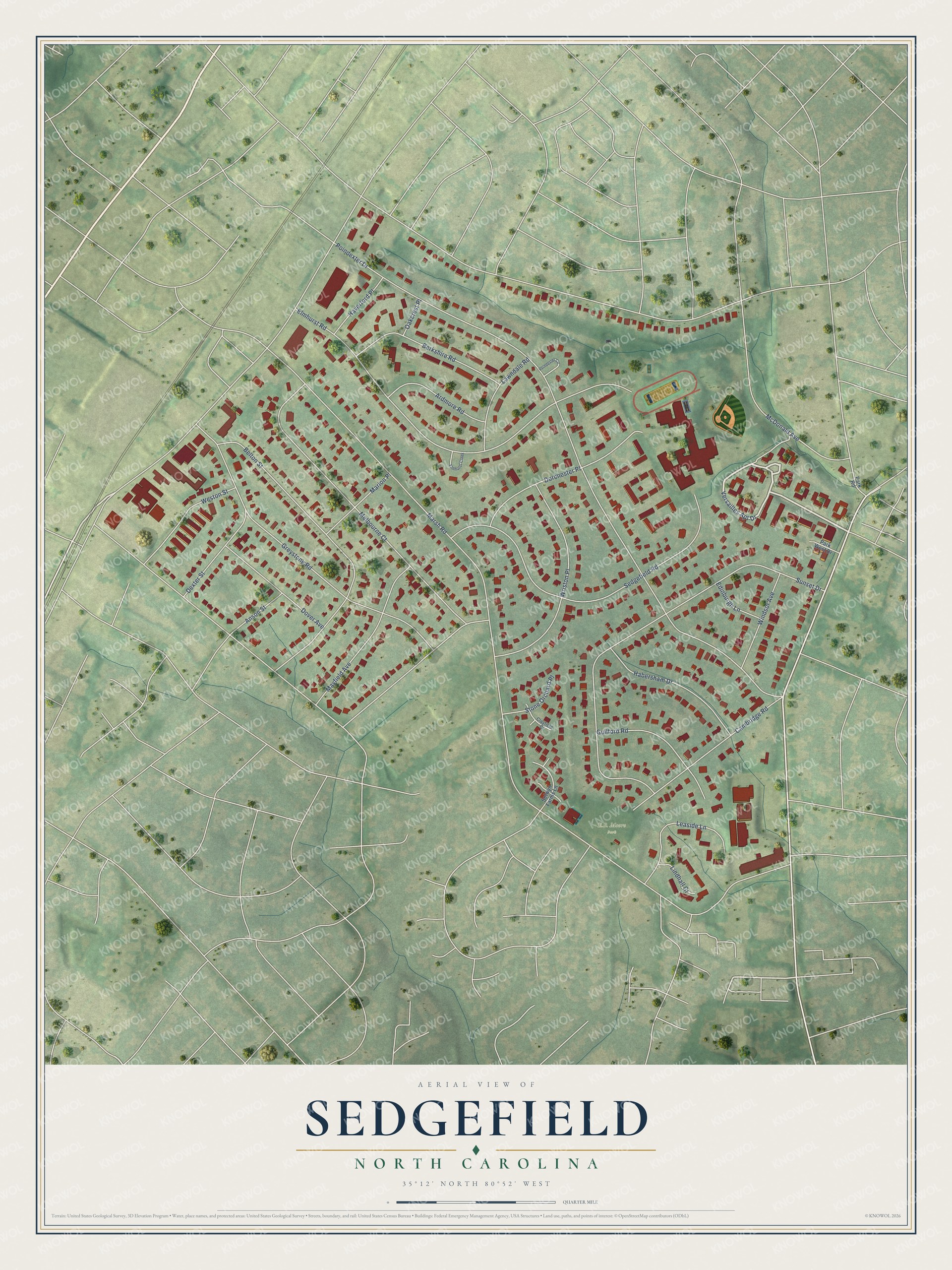 Full map of Sedgefield, North Carolina, with red buildings, printed street names and the land around them