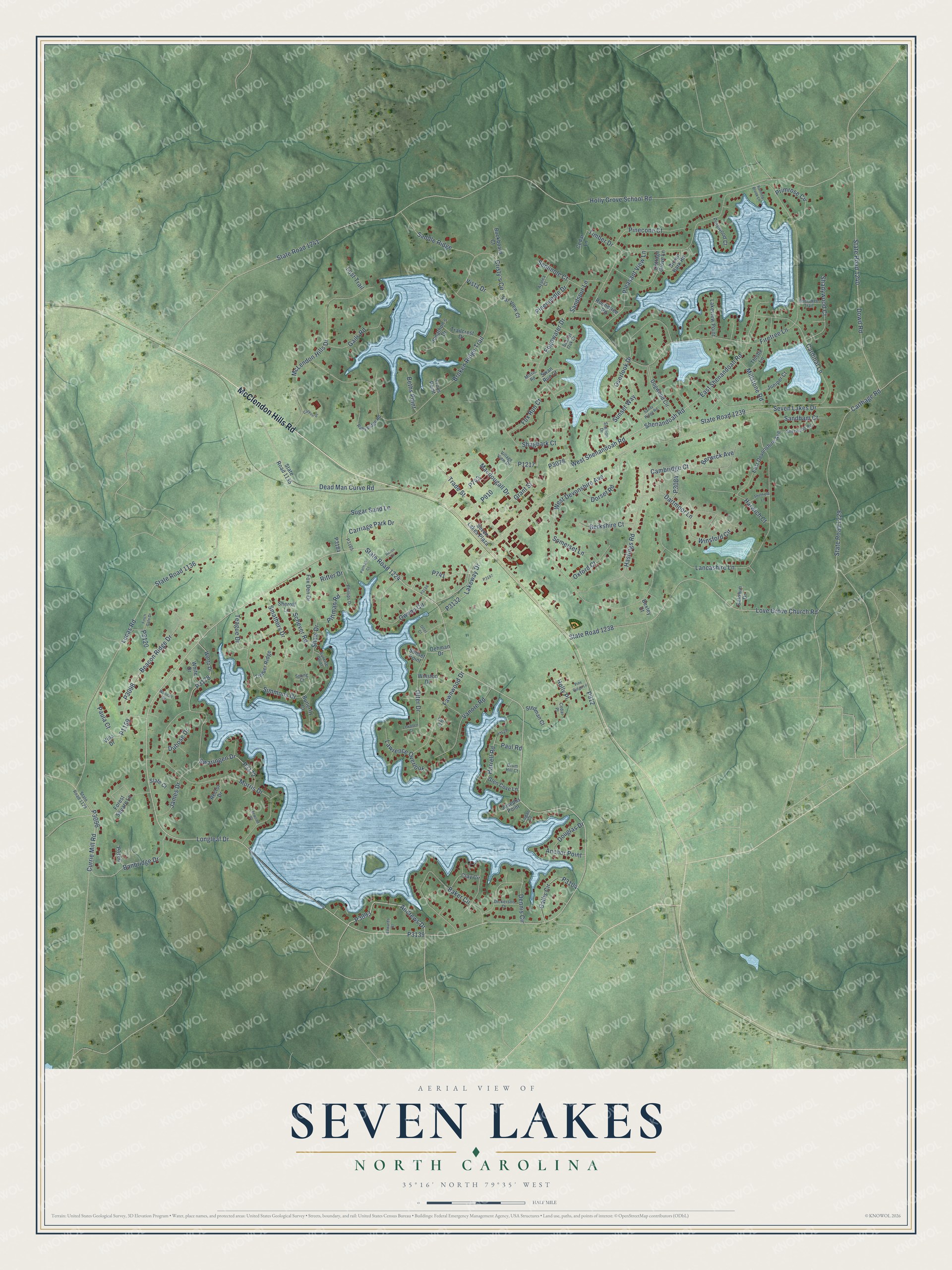 Full map of Seven Lakes, North Carolina, with red buildings, printed street names and the land around them