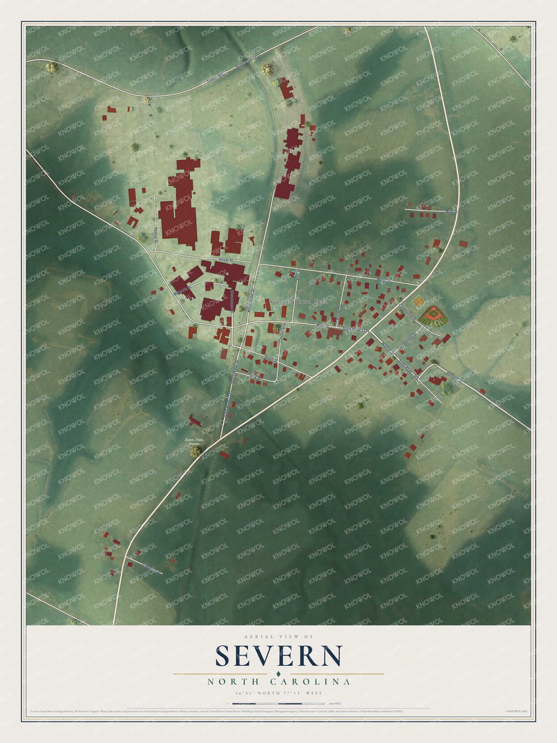 Full map of Severn, North Carolina, with red buildings, printed street names and the land around them
