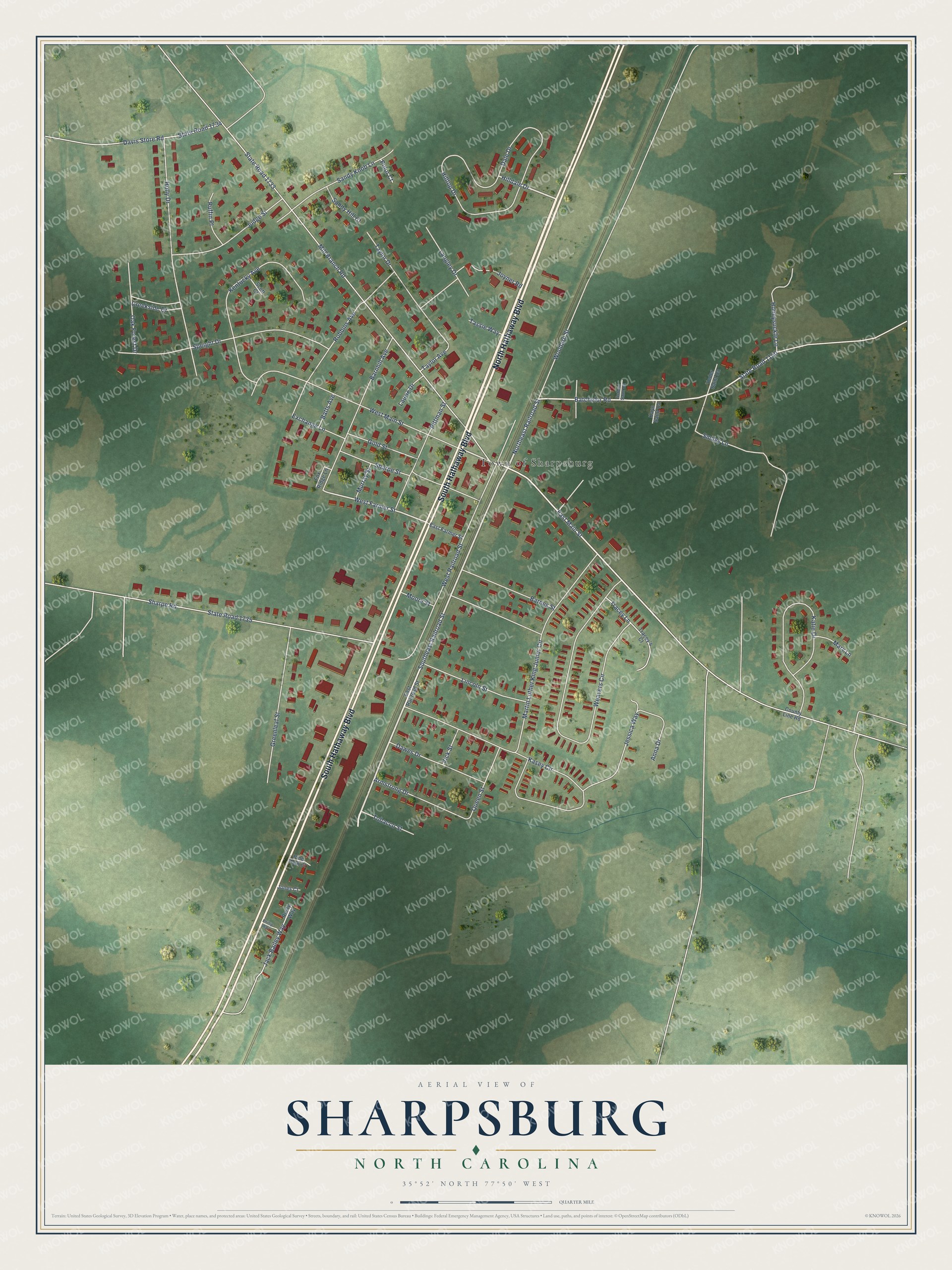 Full map of Sharpsburg, North Carolina, with red buildings, printed street names and the land around them