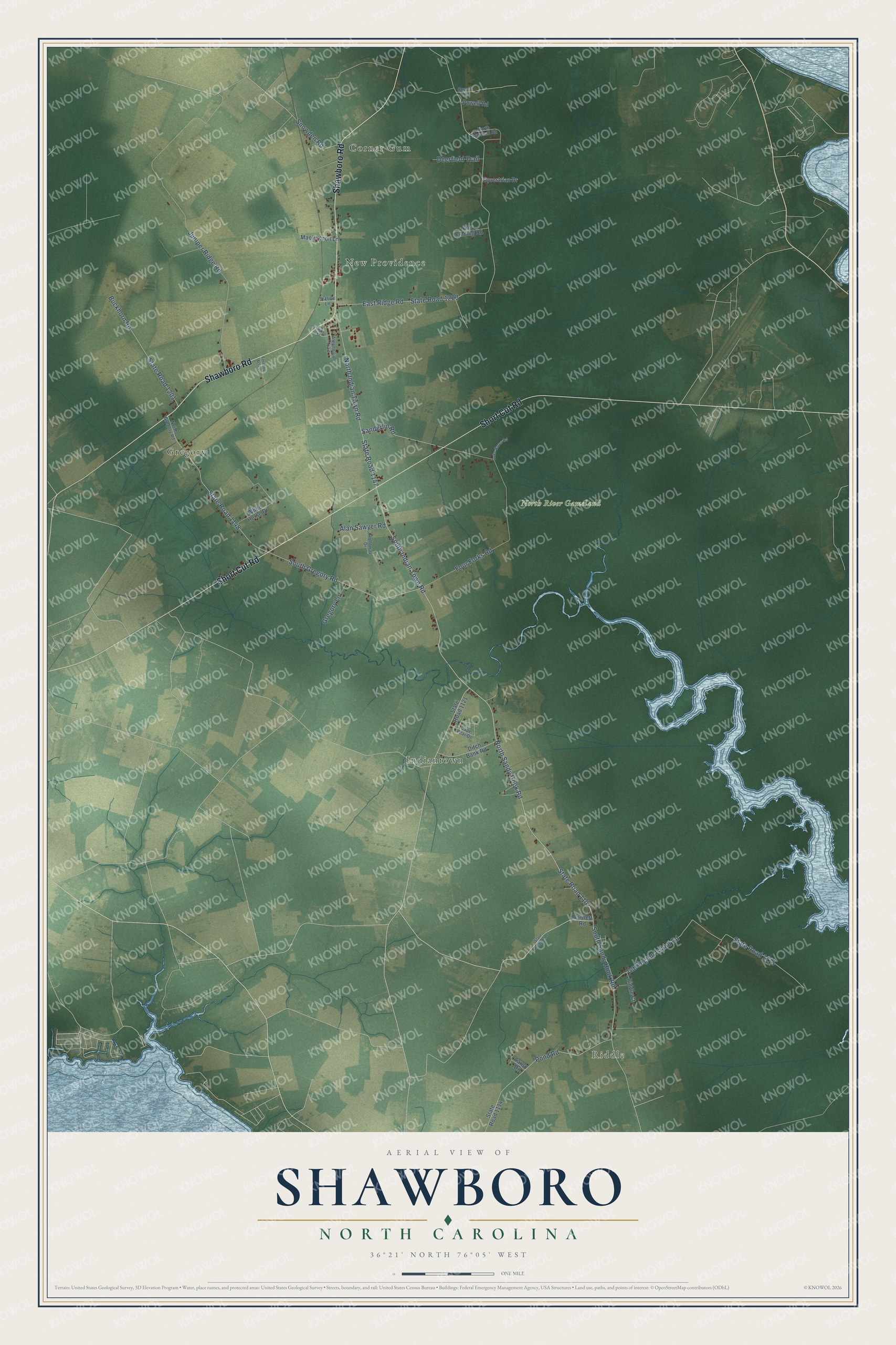 Full map of Shawboro, North Carolina, with red buildings, printed street names and the land around them