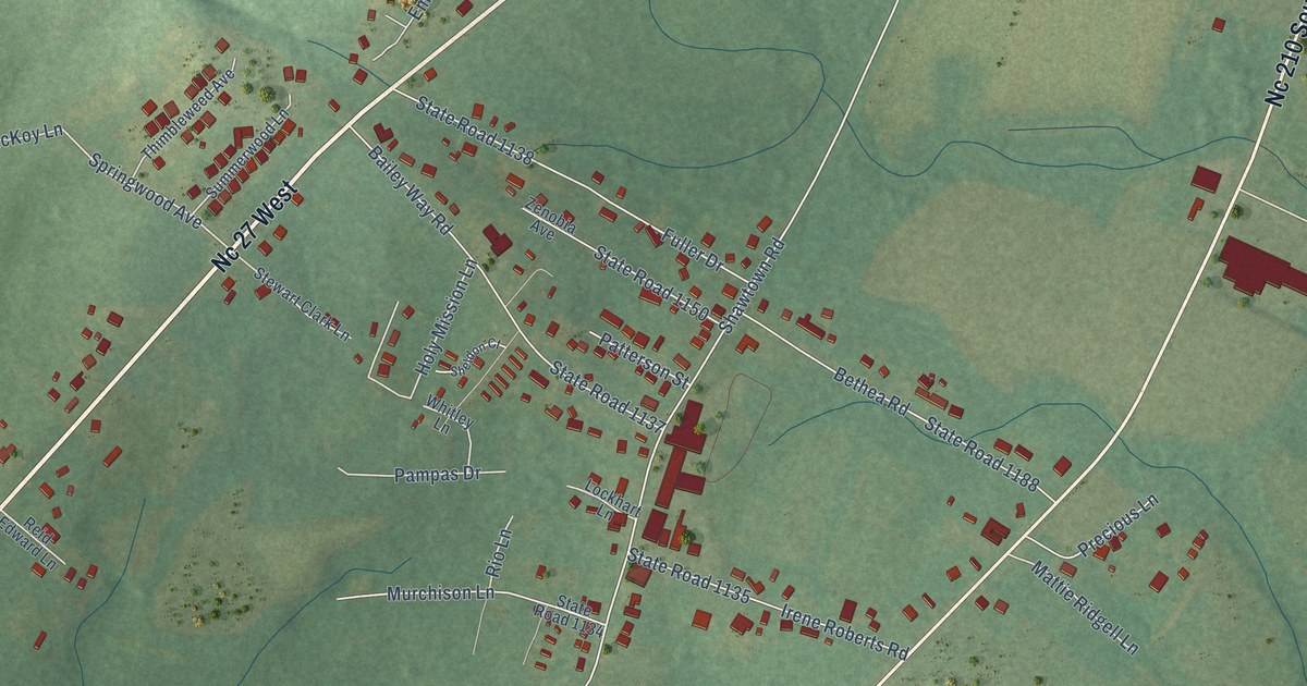 Close-up of streets and buildings in Shawtown, North Carolina