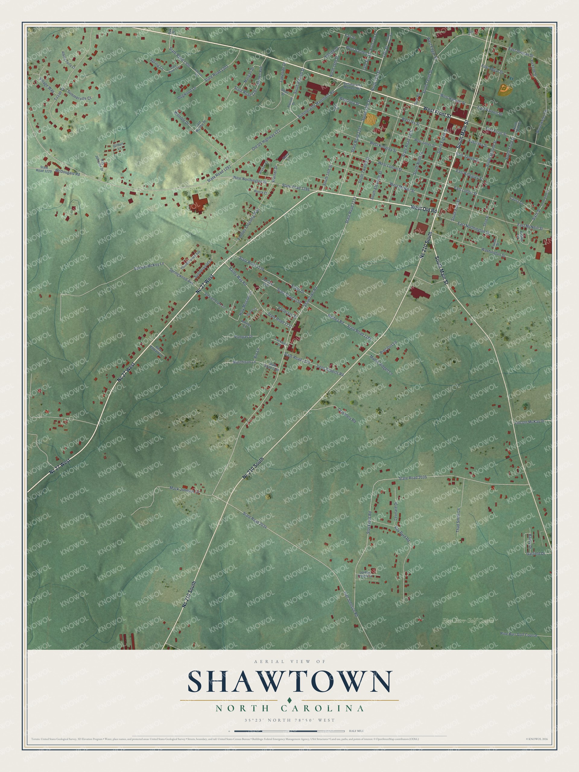 Full map of Shawtown, North Carolina, with red buildings, printed street names and the land around them