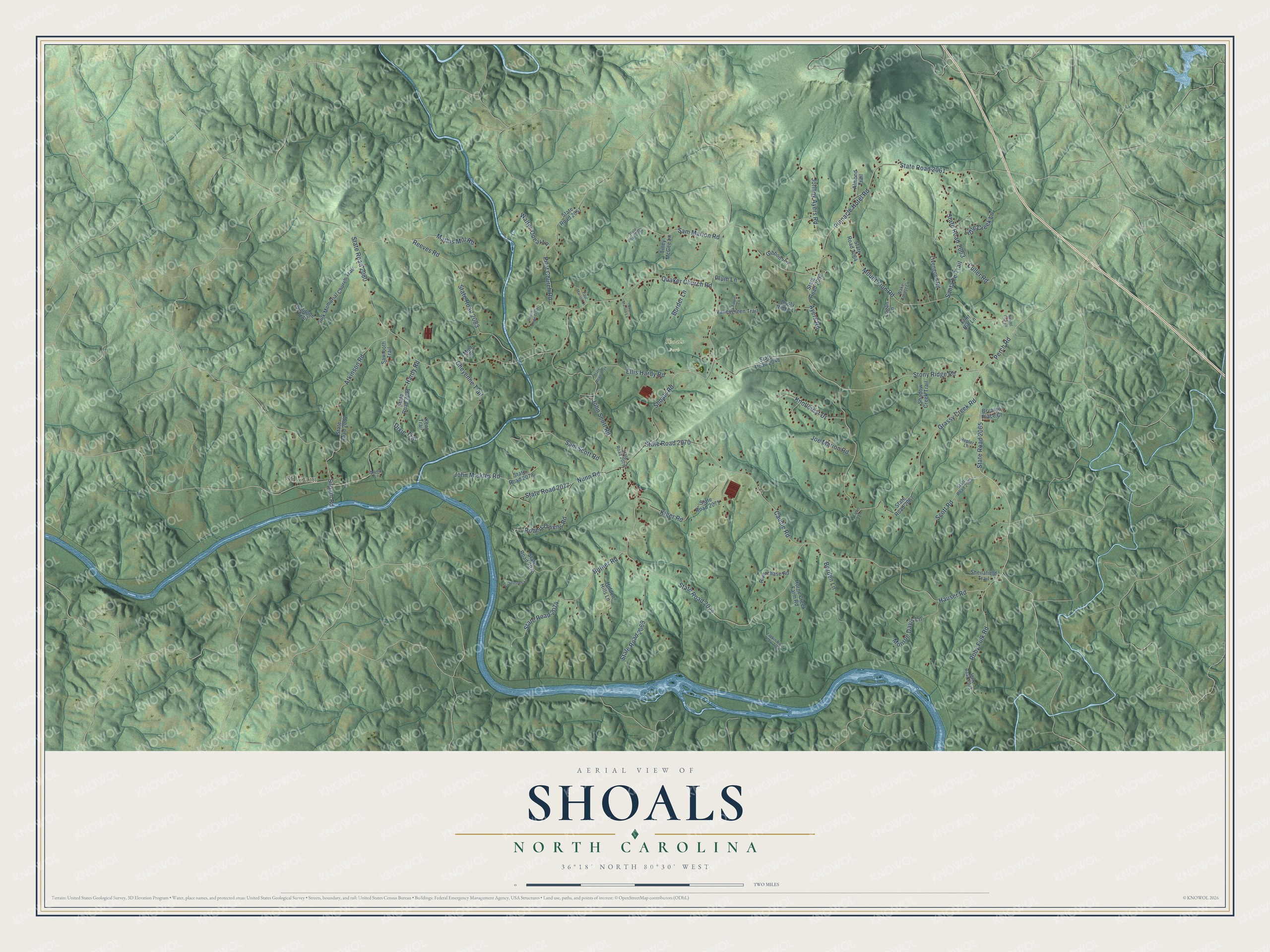 Full map of Shoals, North Carolina, with red buildings, printed street names and the land around them