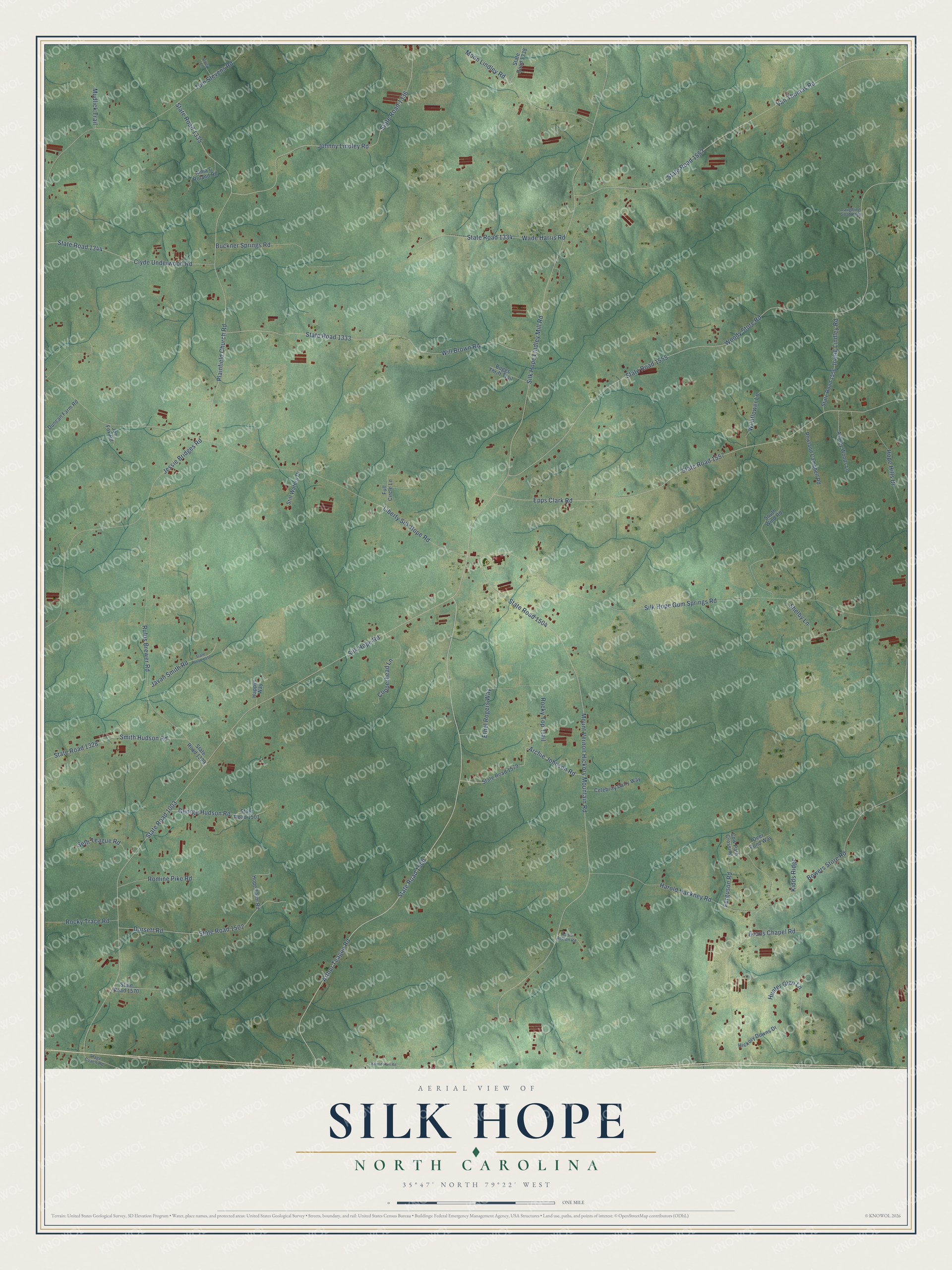 Full map of Silk Hope, North Carolina, with red buildings, printed street names and the land around them