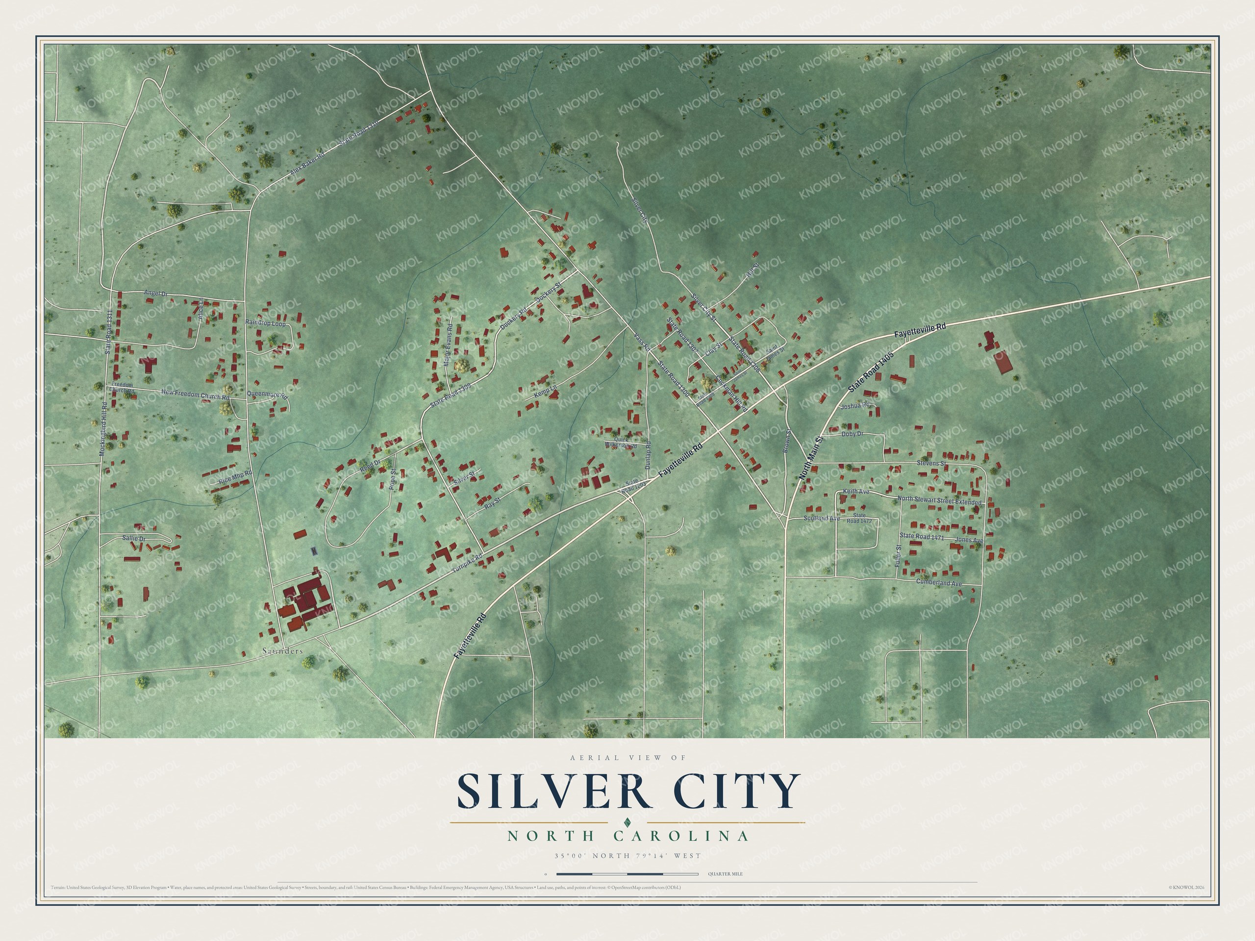 Full map of Silver City, North Carolina, with red buildings, printed street names and the land around them