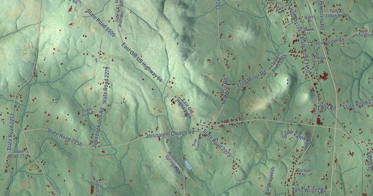Close-up of streets and buildings in Silver Valley, North Carolina
