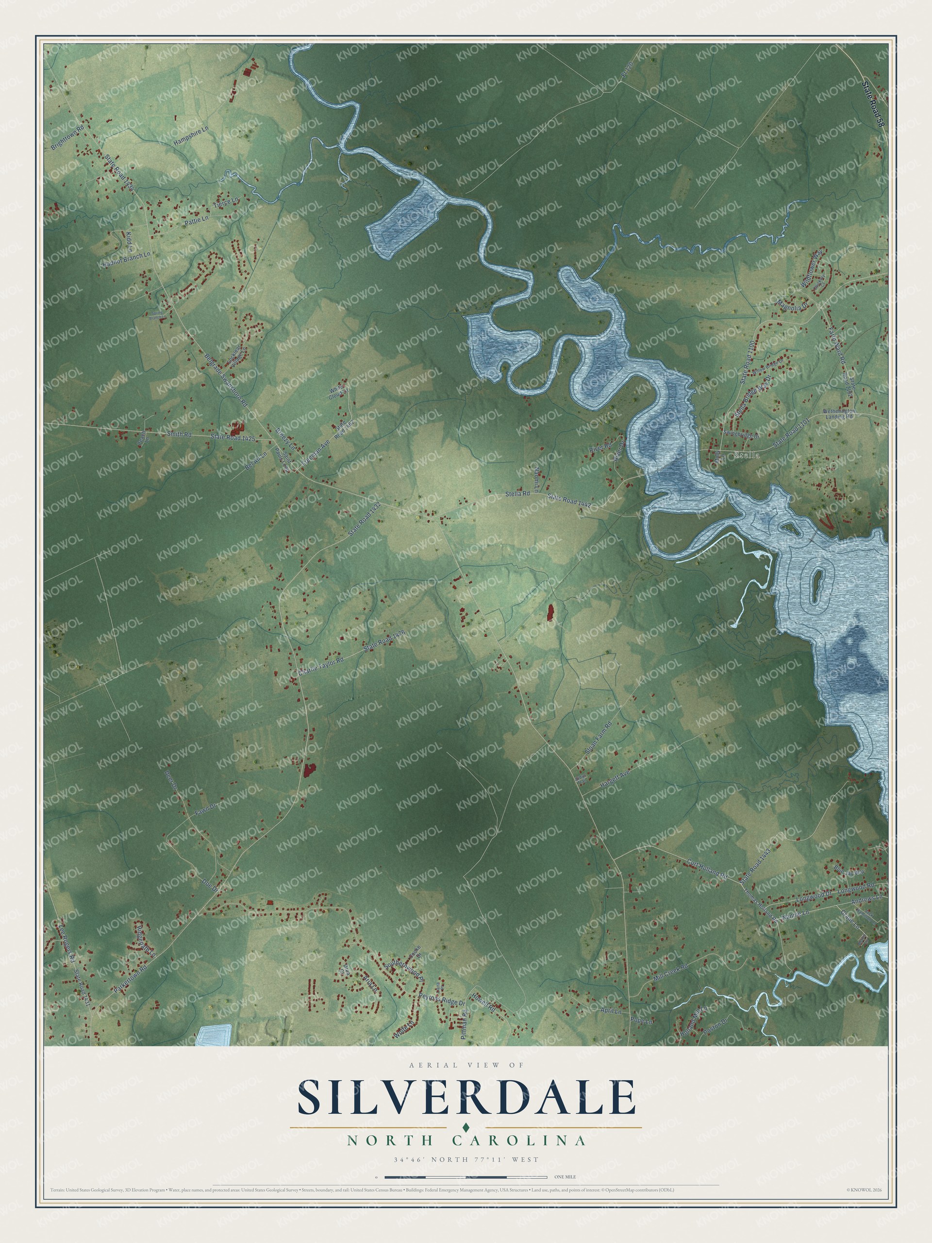 Full map of Silverdale, North Carolina, with red buildings, printed street names and the land around them