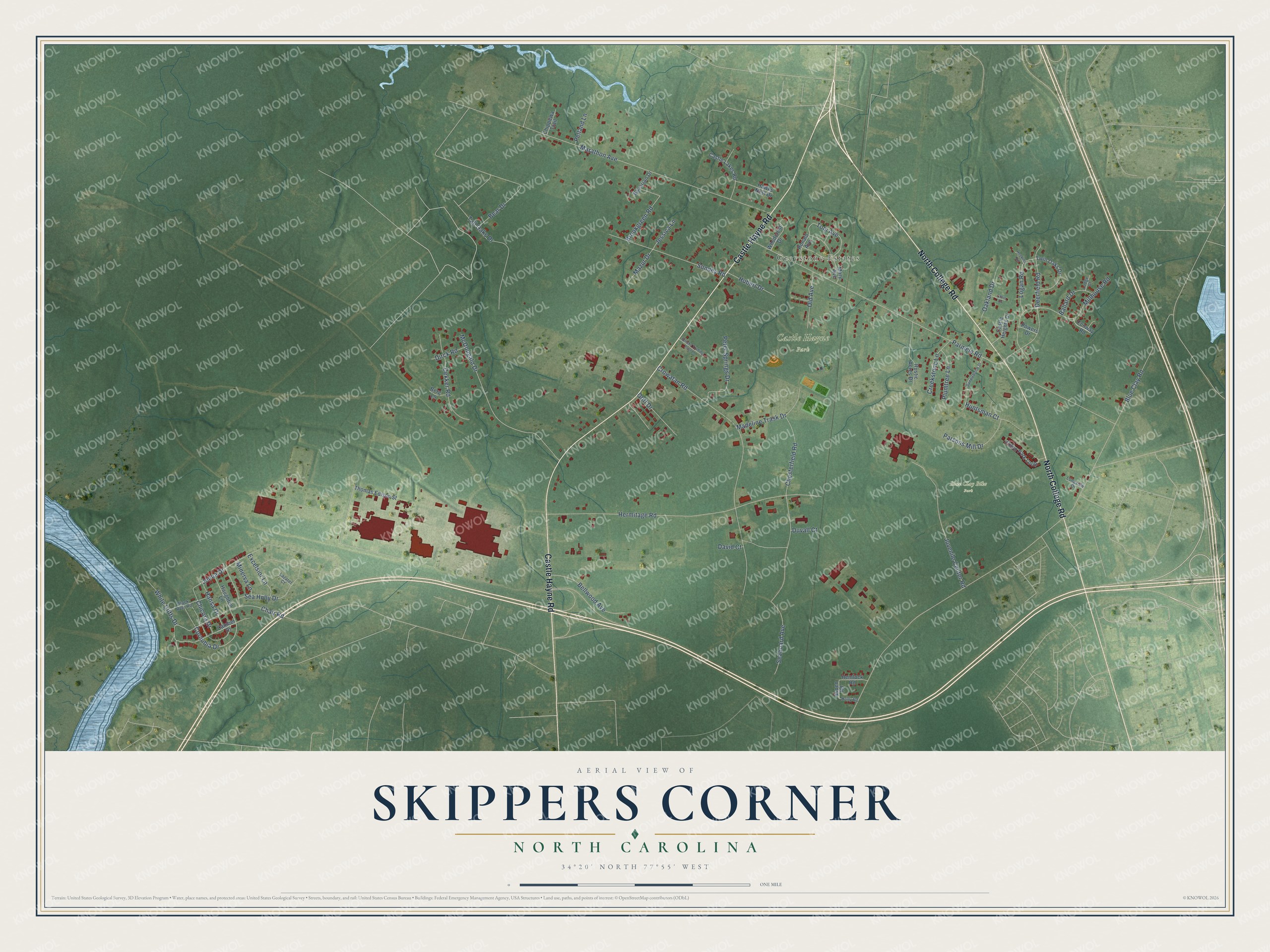 Full map of Skippers Corner, North Carolina, with red buildings, printed street names and the land around them