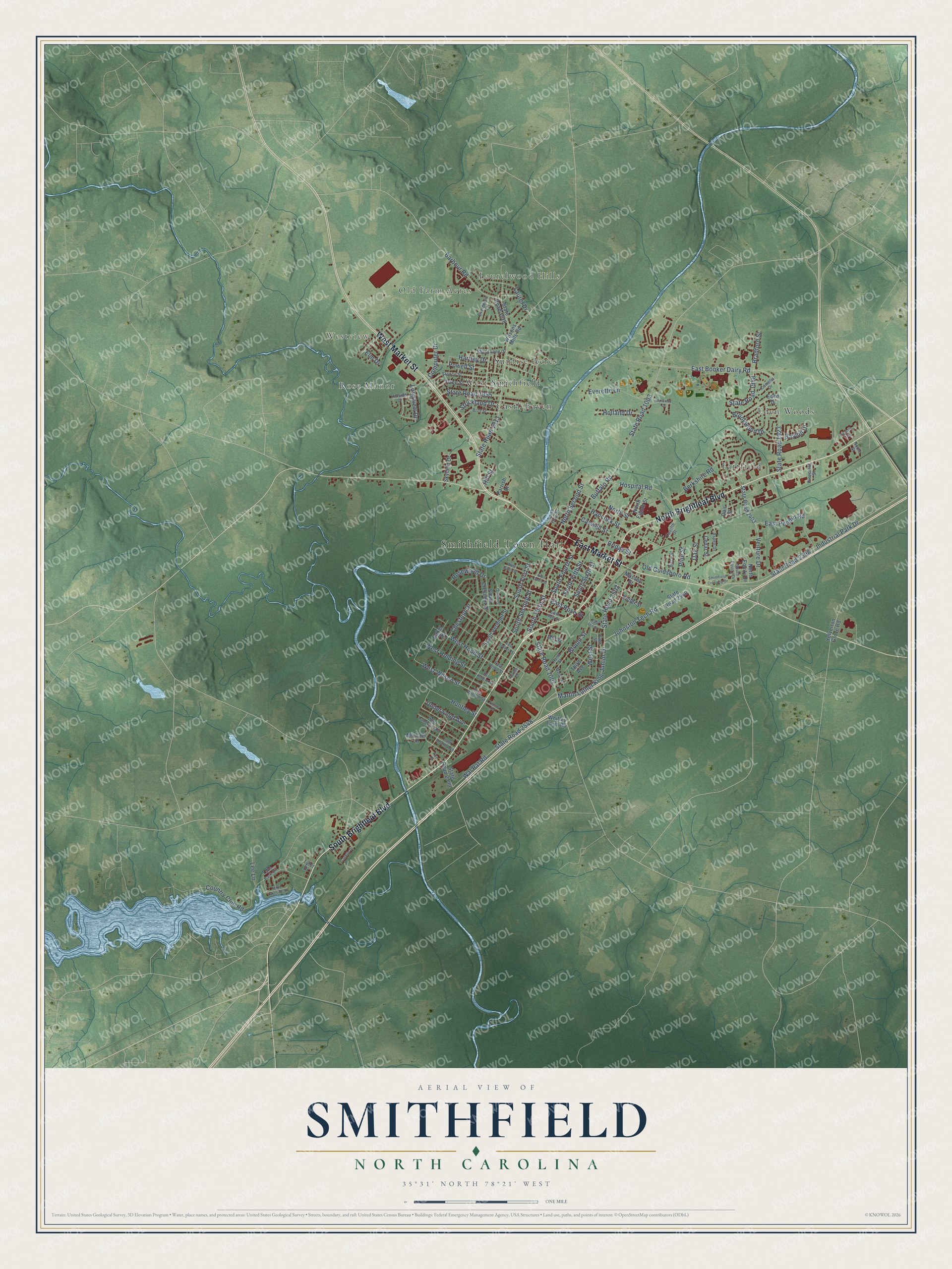 Full map of Smithfield, North Carolina, with red buildings, printed street names and the land around them