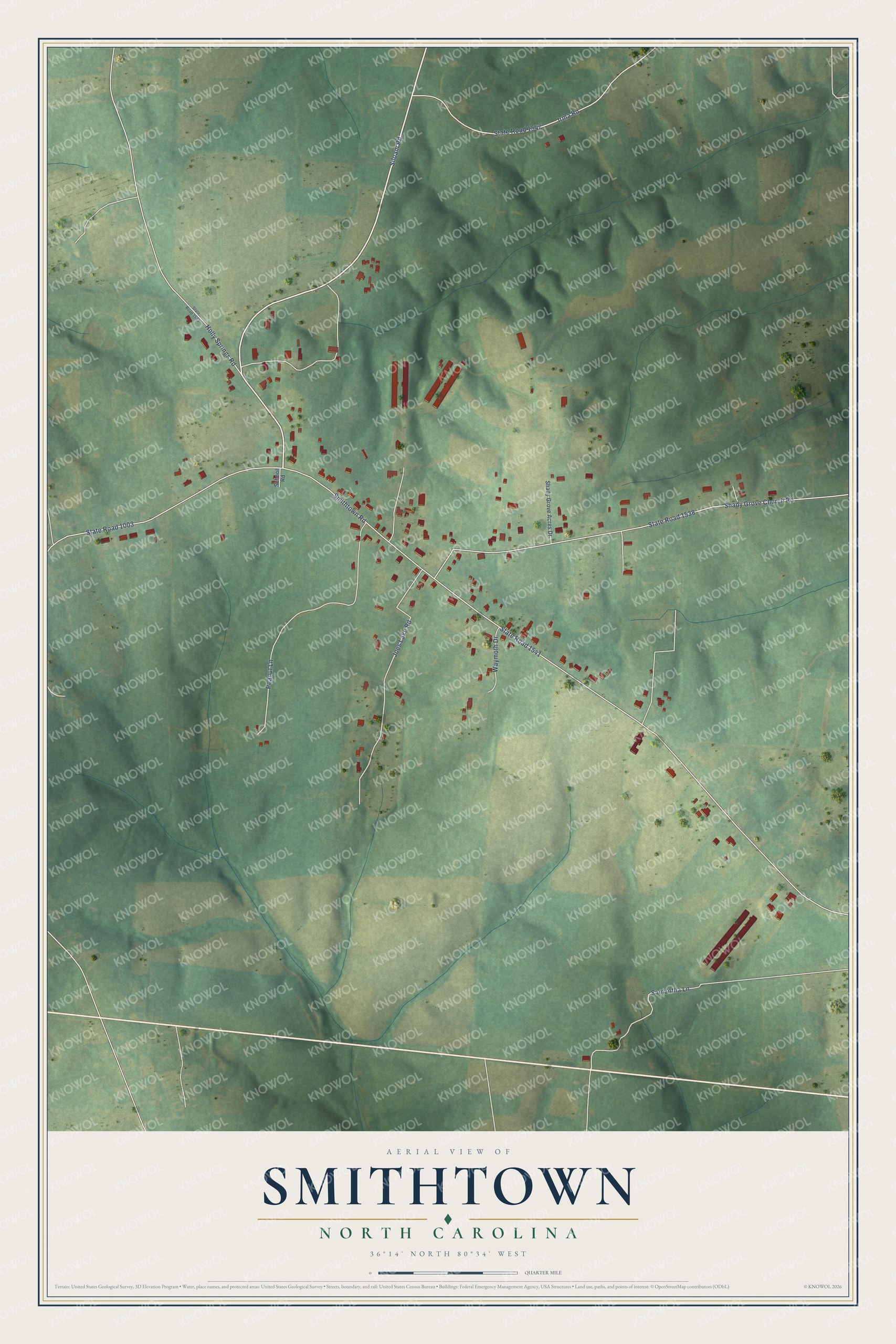 Full map of Smithtown, North Carolina, with red buildings, printed street names and the land around them