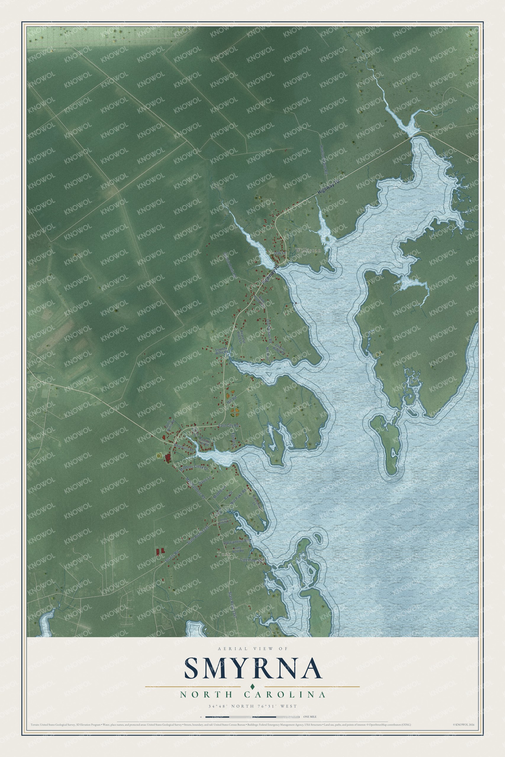 Full map of Smyrna, North Carolina, with red buildings, printed street names and the land around them