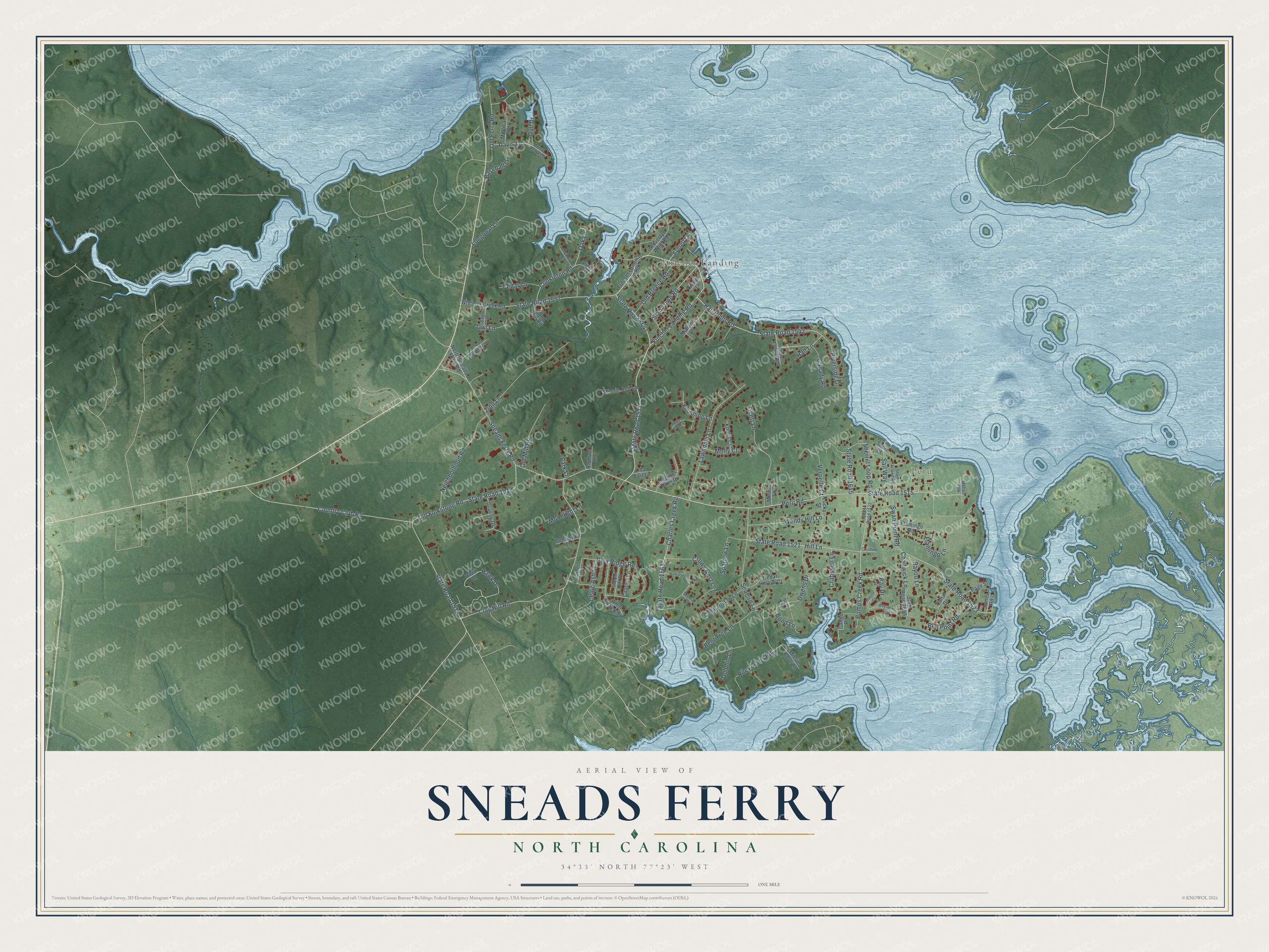 Full map of Sneads Ferry, North Carolina, with red buildings, printed street names and the land around them