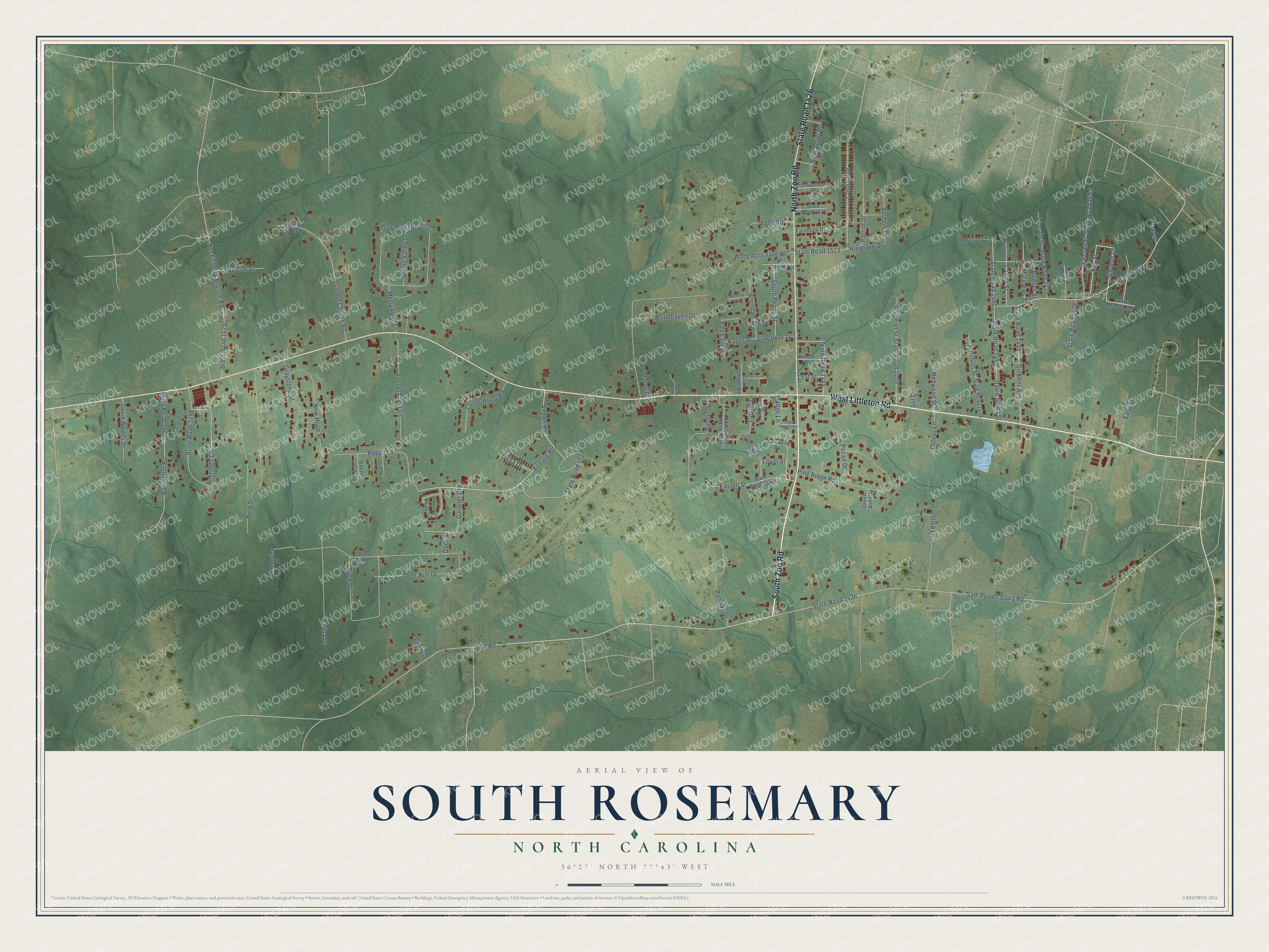 Full map of South Rosemary, North Carolina, with red buildings, printed street names and the land around them
