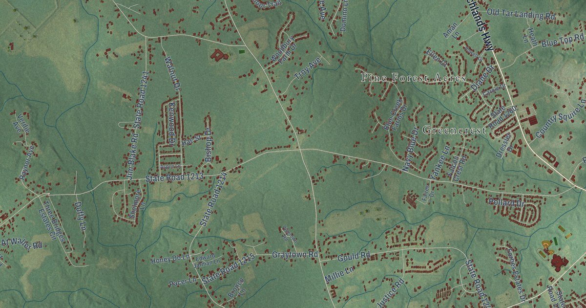 Close-up of streets and buildings in Southwest, North Carolina