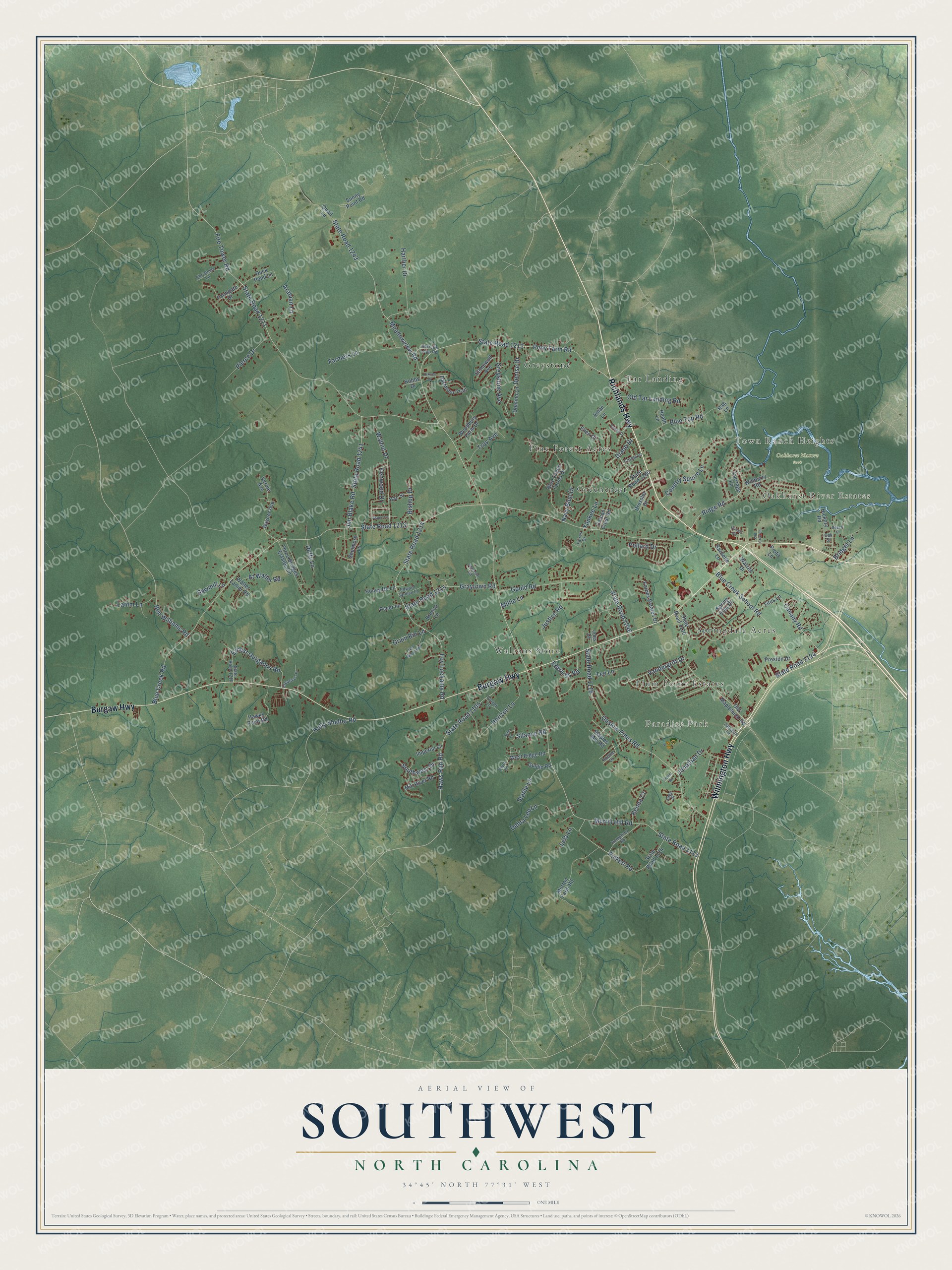 Full map of Southwest, North Carolina, with red buildings, printed street names and the land around them